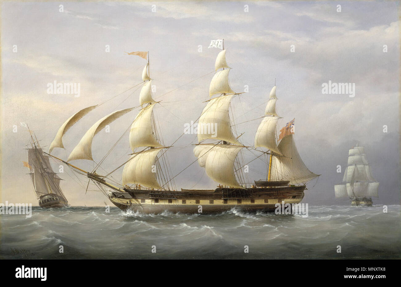 Der Westen Indiaman 'Britannia'. Englisch: ein Portrait des Westens Indiaman 'Britannia', in drei Positionen dargestellt. Auf der linken Seite ist das Schiff im Stern ansehen und auf der rechten Seite in Bow View angezeigt. Das Schiff ist Port Breitseite im Vordergrund dargestellt, fliegen die Red Ensign und einem roten Wimpel. Die galionsfigur ist entsprechend in der Form der "Britannia" mit Helm und Trident deutlich sichtbar. Es gibt Segler im Bug gezeigt sowie einige Passagiere auf dem Deck. Mehrere Figuren tragen oben Hüte und zwei Frauen sind durch die Takelage sichtbar. Das Schiff war gerade von einer Reise nach Barbados, wo es Su zurück Stockfoto