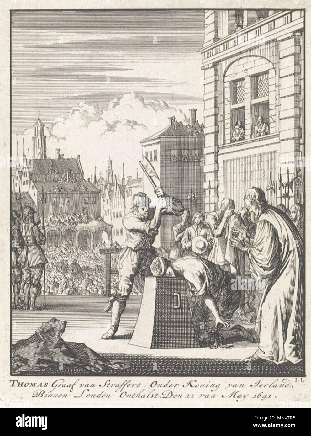 . Englisch: Thomas Graaf van Straffort, Onder Koning van Irland, Binnen Londen Onthalst. Den 22 van Mai 1441, Radierung von Jan Luyken. 1698. Jan Luyken 1190 Thomas Wentworth Ausführung 1641 Stockfoto