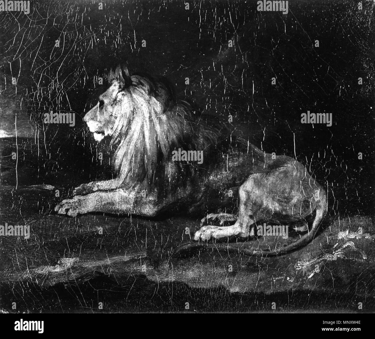 Zurückzuführen auf Théodore Géricault (Französisch, 1791-1824). "Lion in der Ruhe", Anfang des 19. Jahrhunderts. Öl auf Leinwand. Walters Art Museum (37.882): Erworben durch William T. Walters, 1887-1893. 37.882 1191 Théodore Géricault - Löwe in der Ruhe - Walters 37882 Stockfoto