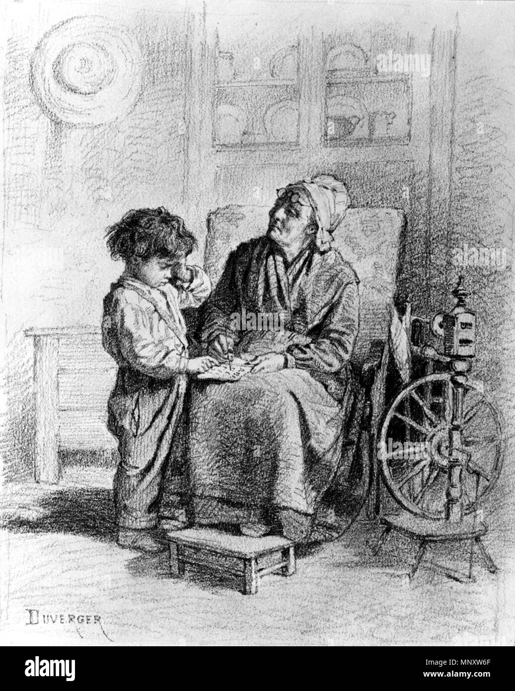 Théophile-Emmanuel Duverger (Französisch, 1821 - nach 1882). "Lernen das Alphabet, 'n. d.. Graphit auf Sahne, mäßig dick, leicht strukturierte webte Papier. Walters Art Museum (37.1597): Erworben durch William T. Walters. 37.1597 1192 Théophile-Emmanuel Duverger - Lernen das Alphabet - Walters 371597 Stockfoto