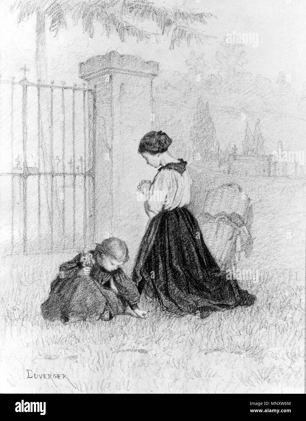 Théophile-Emmanuel Duverger (Französisch, 1821 - nach 1882). "Frau kniend im Gebet auf dem Friedhof", 1821-1882. Graphit auf Sahne, mäßig dick, mäßig strukturierten webte Papier. Walters Art Museum (37.1329): Erworben durch William T. Walters. 37.1329 1192 Théophile-Emmanuel Duverger - Frau kniend im Gebet auf dem Friedhof - Walters 371329 Stockfoto