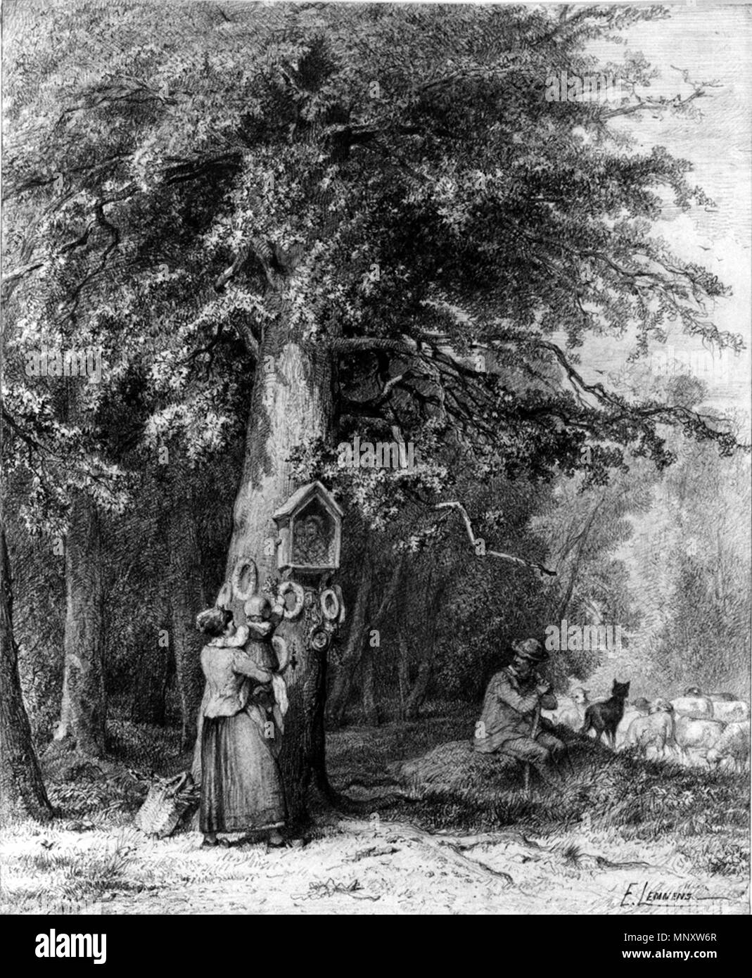 Théophile-Victor - Émile Lemmens (Französisch, 1821-1867). Die Hirten, Frau und Kind vor dem Schrein, 'n. d.. Graphit und Aquarell auf Sahne, mäßig dick, mäßig strukturierten webte Papier. Walters Art Museum (37.1321): Erworben durch William T. Walters. 37.1321 1192 Théophile-Victor - Émile Lemmens - Schäfer, Frau und Kind vor dem Heiligtum - Walters 371321 Stockfoto