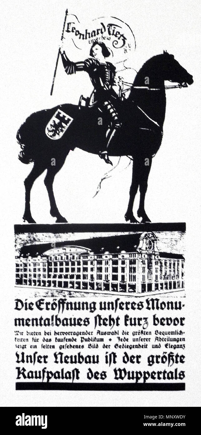 . English: Im Jahr 1912 eröffnete der Kaufmann Leonhard Tietz in der Stadt Elberfeld (heute Wuppertal-Elberfeld) ein großes Tietz-Warenhaus. Die Abbildung zeigt eine grafisch gestaltete Zeitungsannonce aus dem selben Jahr, sterben auf die bevorstehende Eröffnung des Warenhauses hinweist. 1912. Unbekannt 1193 Tietz-Elberfeld Kaufhaus-Inserat 1912 02. Stockfoto