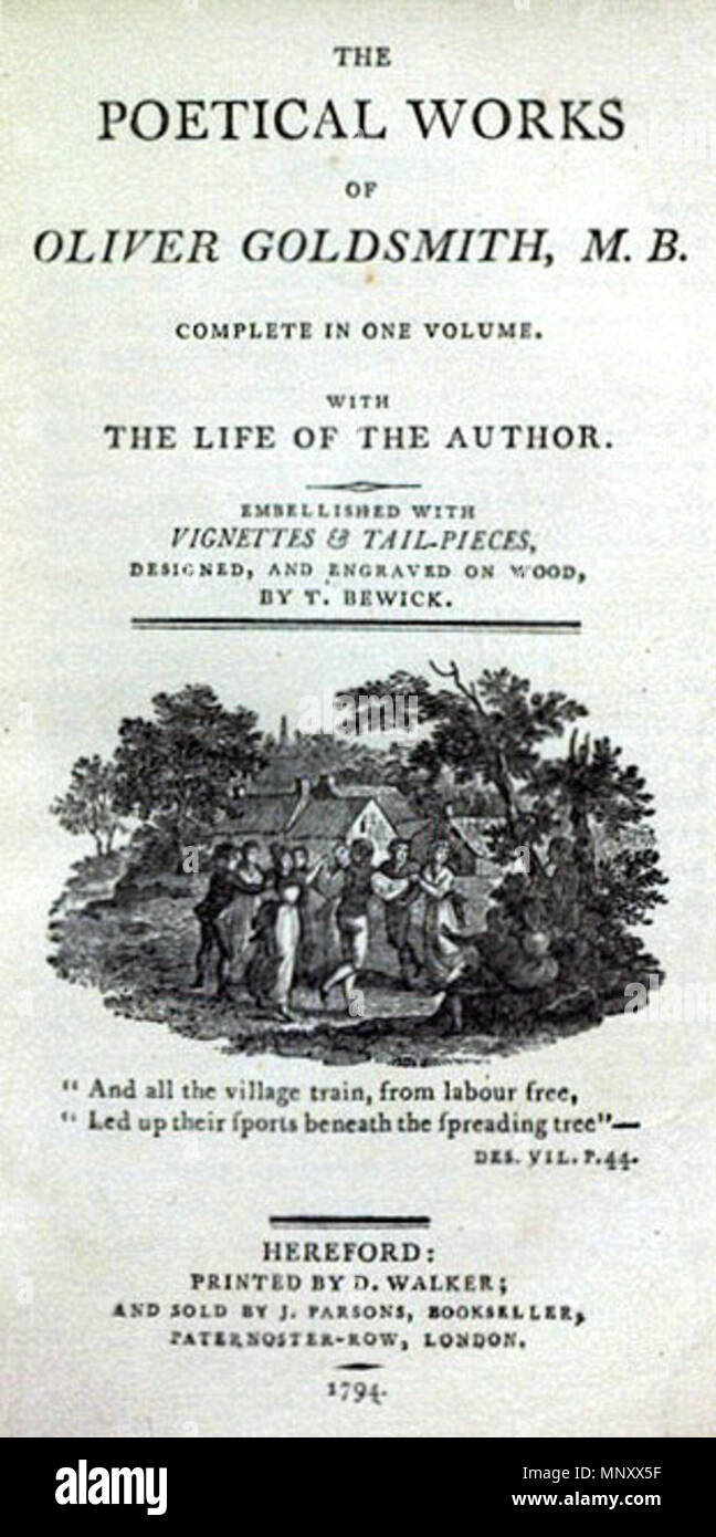 . Englisch: Titelseite des poetischen Werke von Oliver Goldsmith, M.B. in einem Band abgeschlossen. Mit dem Leben des Autors. Verziert mit Vignetten & Tail-Pieces, entworfen und graviert auf Holz, von T.Bewick. Die Seite enthält eine Vignette von jungen Dorf Männer und Frauen tanzen im Kreis, in einer rustikalen Umgebung wie Bewick's Home, über ein Couplet aus dem verlassenen Dorf: "Und das ganze Dorf Zug, von der Arbeit frei, '' nach oben ihren Sport Led unter dem grünen Baum' Hereford: Gedruckt von D. Walker; und von J.Parsons, Buchhändler, Paternoster-Row, London verkauft. 1794. 1794. Oliver Goldsmith (Poe Stockfoto