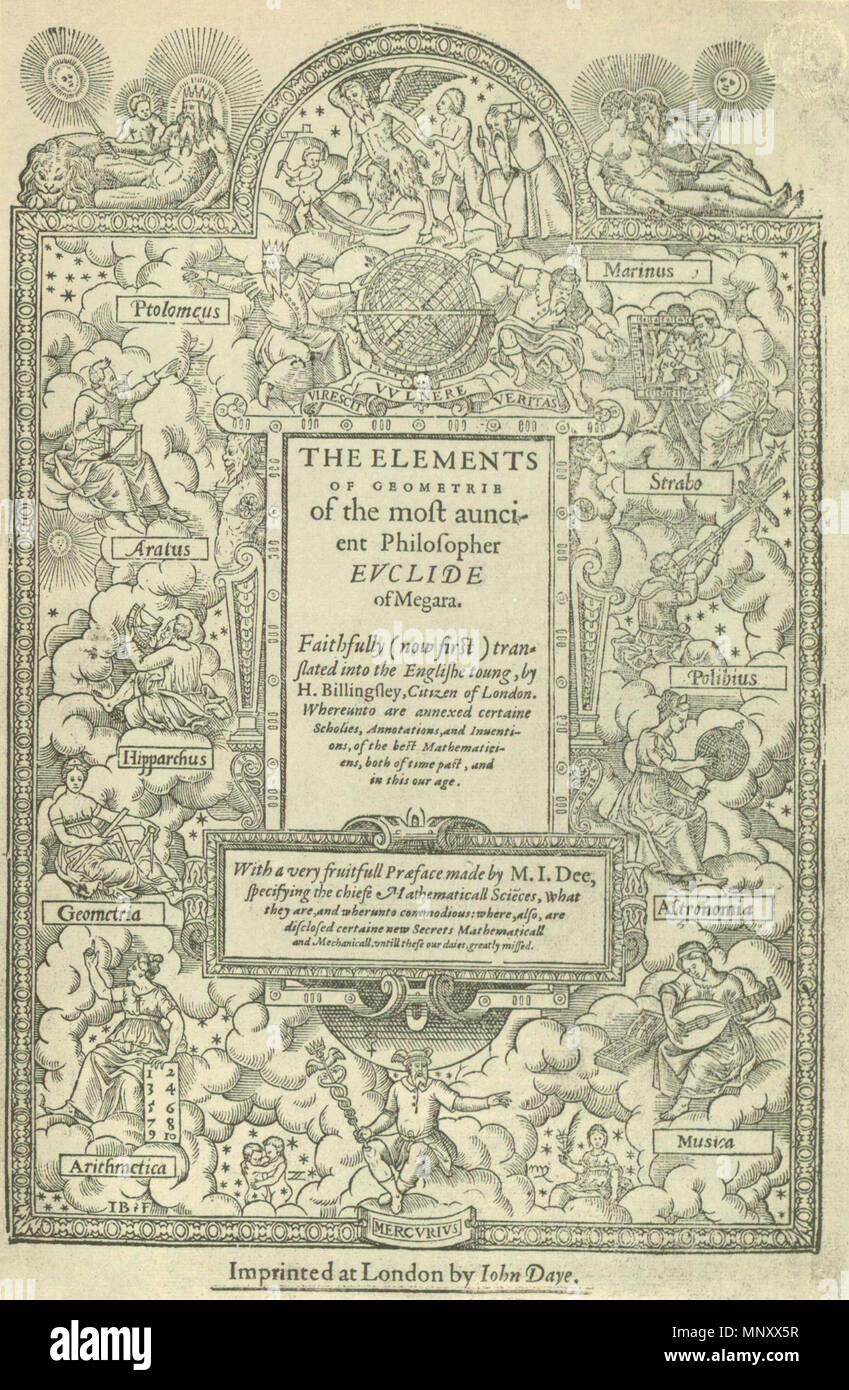 . Englisch: Titelseite des ersten englischen Sir Henry Billingsley's Version von Euklids Elementen, 1570. 1570. Charles Thomas-Stanford 1196 Titelseite der ersten englischen Sir Henry Billingsley's Version von Euklids Elementen, 1570 (560 x 900) Stockfoto