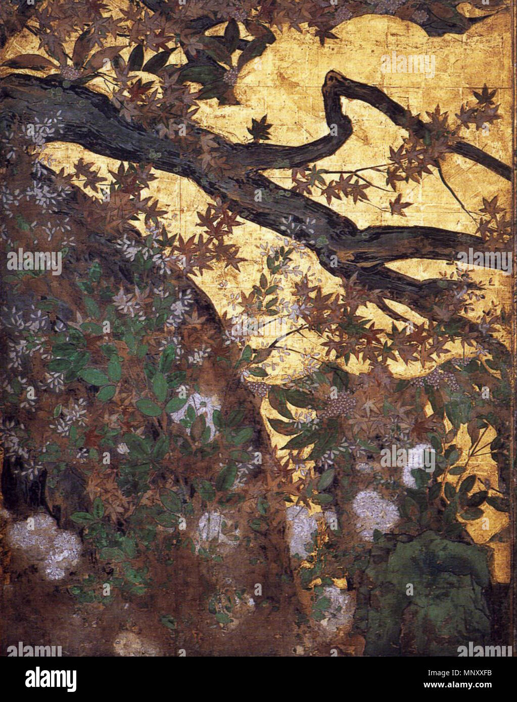 . Español: Tinte, Farbe und Gold auf Papier, 165 x 133 cm. Chishaku-ji, Kyoto. . 1593. 1198 TOHAKU - Ahorn-2-izq Stockfoto