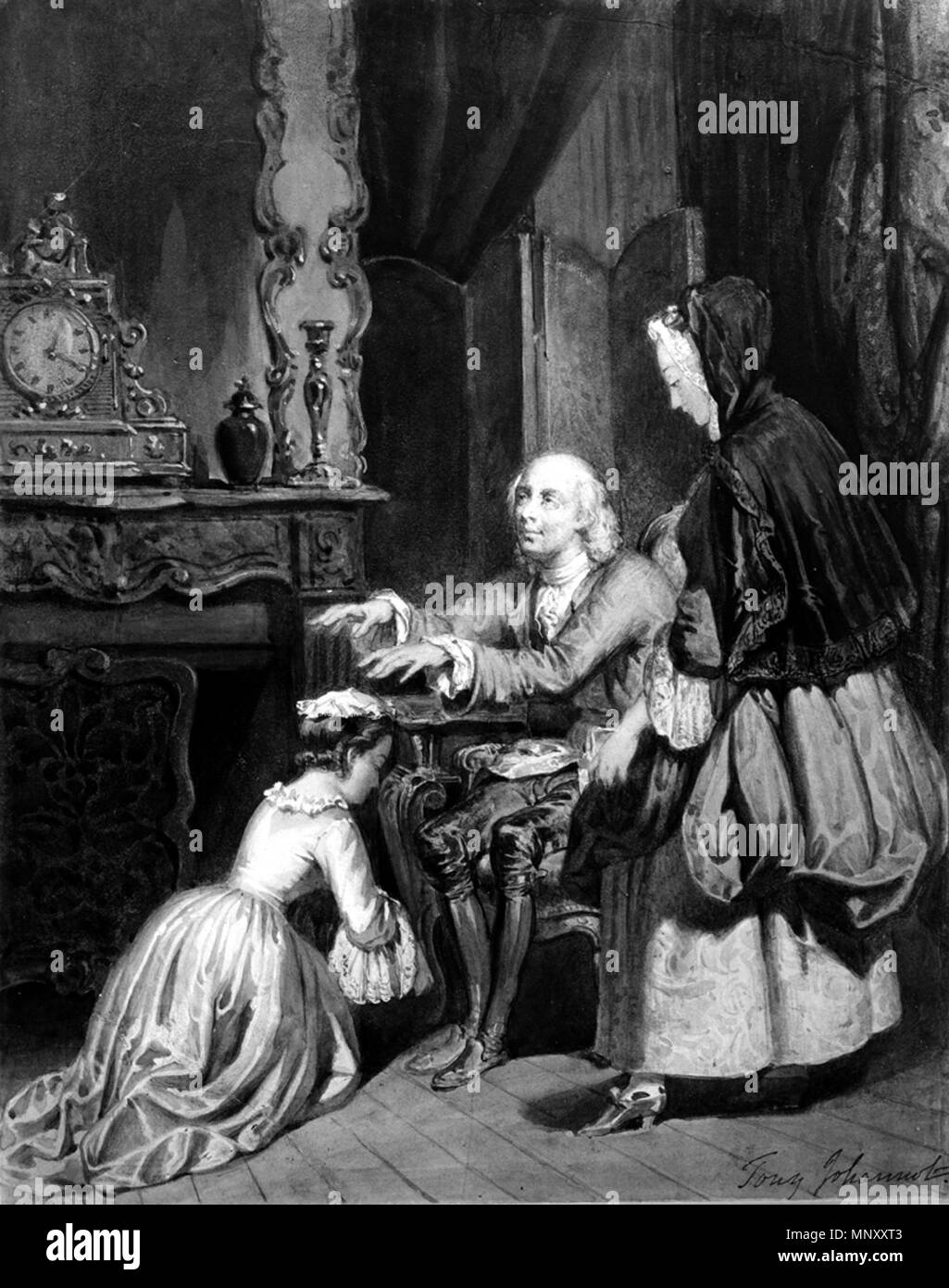 Tony Johannot (Französisch, 1803-1852). 'Alter Mann Segen ein Mädchen kniend," 1803-1852. Aquarell mit Graphit underdrawing und Weiß gehöht auf Sahne, mäßig dick, mäßig strukturierten webte Papier. Walters Art Museum (37.1304): Erworben durch William T. Walters, 1863 (?). 37.1304 1199 Tony Johannot - alter Mann Segen ein Mädchen kniend - Walters 371304 Stockfoto