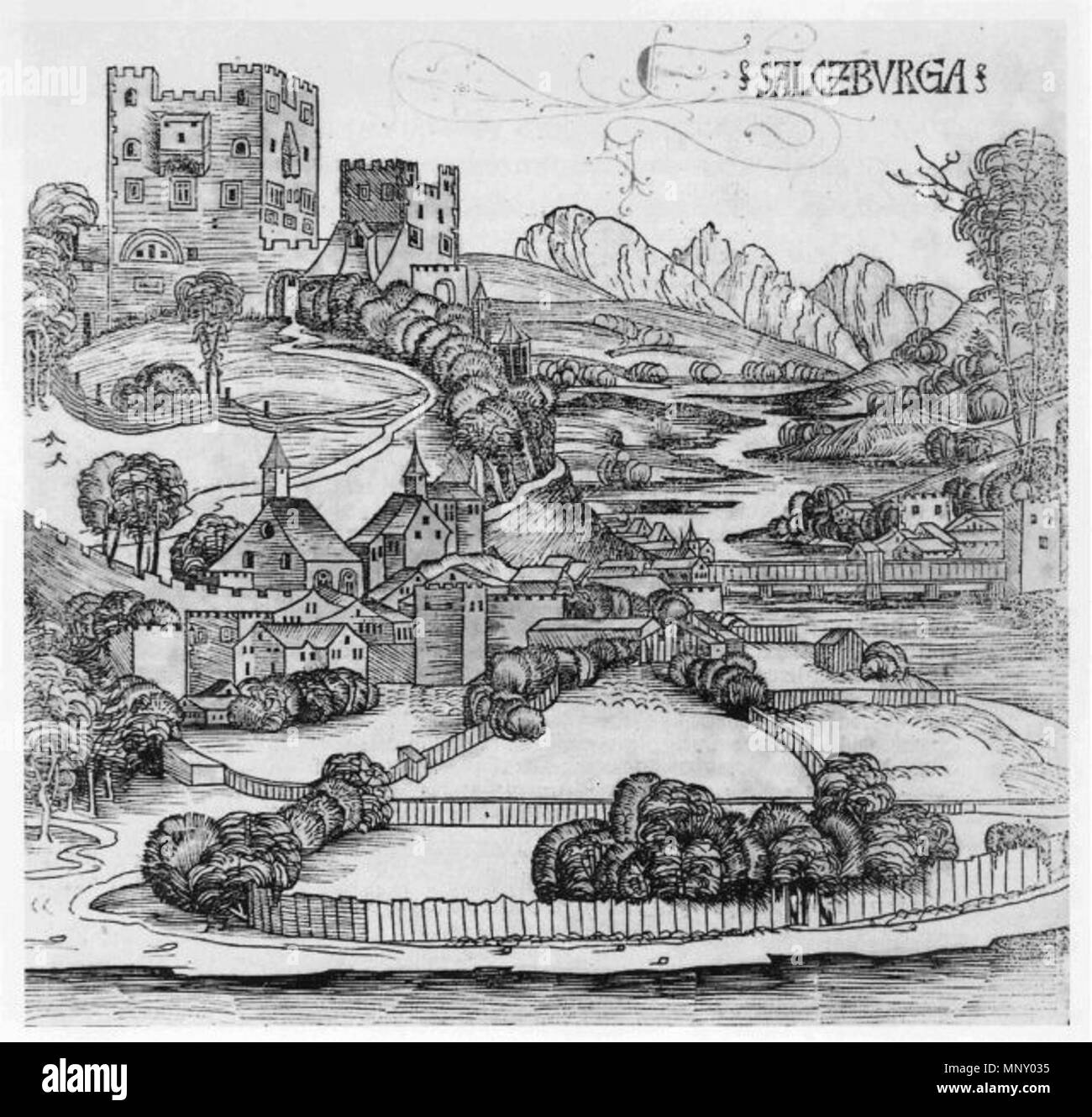 . English: Trompeterschlössel. 1493. Hartmann Schedel (verstorben 1514) 1206 Trompeterschloessl-2 Stockfoto