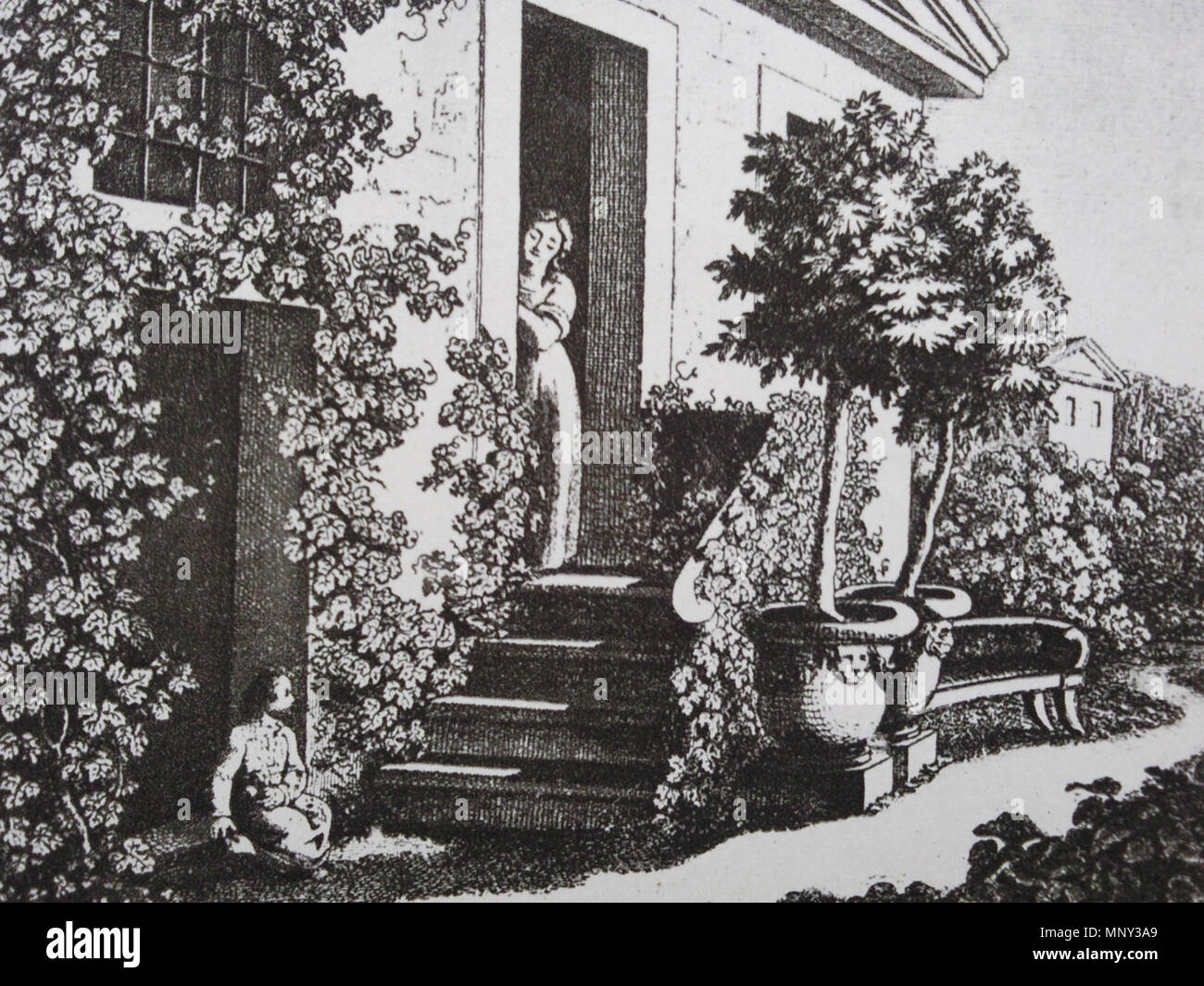 . English: Goethes Hausgarten mit Christiane Vulpius und August von Carl Lieber / Goethes Entwurf [1793] Englisch: Goethes 'Haus Garten" mit Christiane Vulpius und August von Carl Lieber nach einer Skizze von Goethe [1793] Română: Grădina lui Goethe, cu Christiane Vulpius și August de Carl Lieber după schiţa lui Goethe [1793]. 1793. Carl 754 K.W.Lieber 1821 / Goethe 1793 Lieber Stockfoto