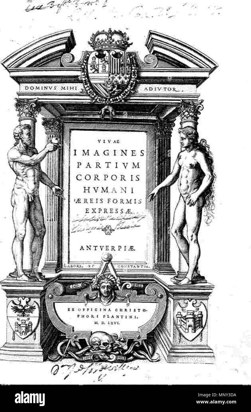 . Español: Portada de Imaginiert forma corporis Partium humanae qereis expressae, Amberes, ex officina Christophori Plantini, 1566. Con Los grabados de las Ediciones romanas de la Historia de la composición del cuerpo Humano. 1566. Juan Valverde de Hamusco, Cristóbal Pantino 1221 Valverde - imaginiert Partium corporis humani Stockfoto