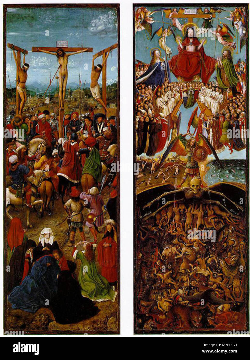 Die Cruxificion, das Letzte Gericht. Crucifixión y Juicio final (Oleo sobre Tabla 2 x 56,5 x 19,7 cm). 1440-41. 1222 Van Eycks Kreuzigung Juicio Final Stockfoto