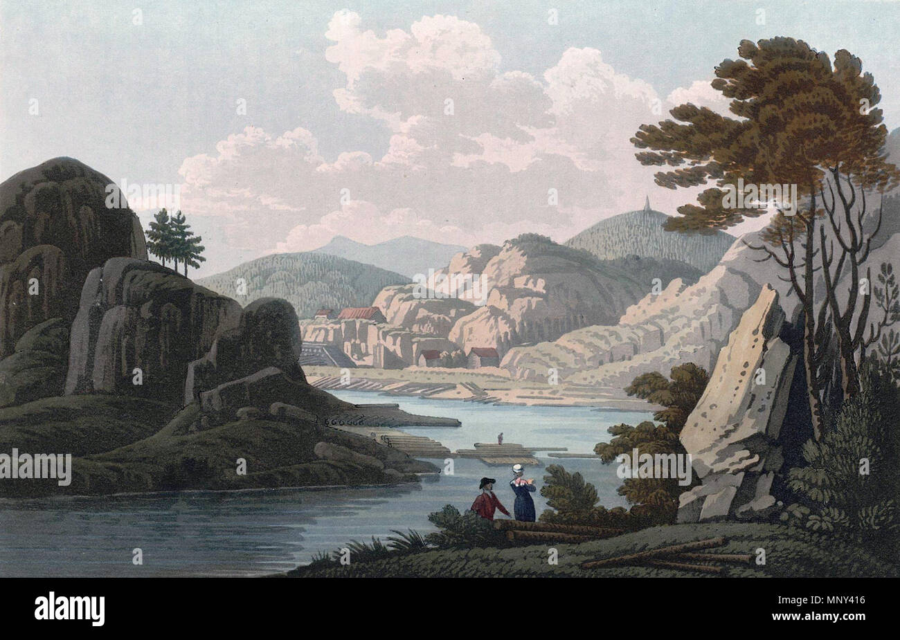 Englisch: "Van soe, in der Nähe von Mos'Norsk Bokmål: "Vansöe in der Nähe von Lu Moss". Nr. LXIX. VAN-SOE, in der Nähe von MOS. Diese Ansicht zeigt die Landschaft um die Osterweiterung in der unmittelbaren Nähe von Mos, wo das Wasser aus Van-Söe, eine beträchtliche See, in einem schmalen Durchgang zwischen den Felsen gebaut ist, bevor es in die Stadt am Fallen, sofort über die dunklen Felsen auf der linken Seite. Das Holz beschafft am Ufer des Van verläuft hier in riesigen Mengen, Lose und Flöße nach unten gleiten die sanften Stream, den Lentz ein wenig oberhalb der Brücke; jedes Stück zuvor von seinem Besitzer gekennzeichnet werden, Stockfoto