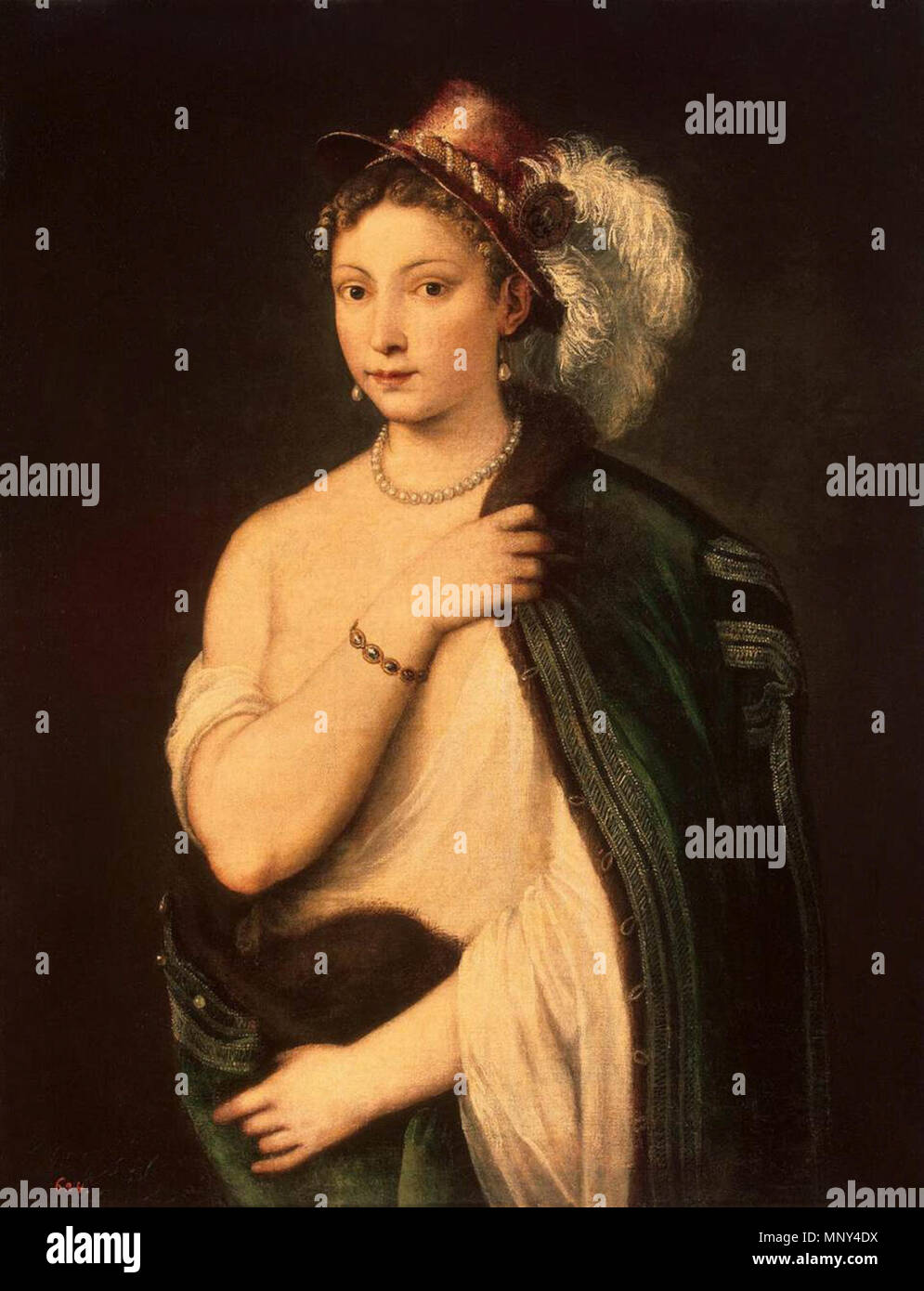 Englisch: weiblich Portrait. English: Porträt einer jungen Frau (Porträt einer jungen Frau mit Federhut) Portret kobiety młodej Polski: Italiano: Ritratto di Giovane donna Русский: Портрет молодой женщины circa 1536. 1227, Tiziano Vecelli - Ritratto di giovane Donna-C. 1536 Stockfoto