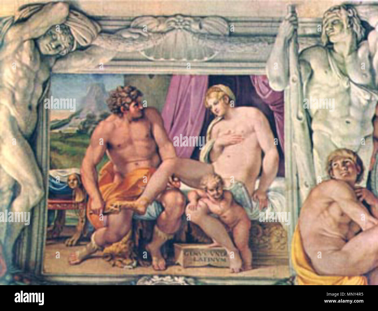 Englisch: Venus und Anchises. Englisch: Teil der Decke Freskenzyklus Der liebt der Götter in der Galerie des Palazzo Farnese Farnese in Rom. zwischen 1597 und 1608. 1229 Venus und Anchises Stockfoto