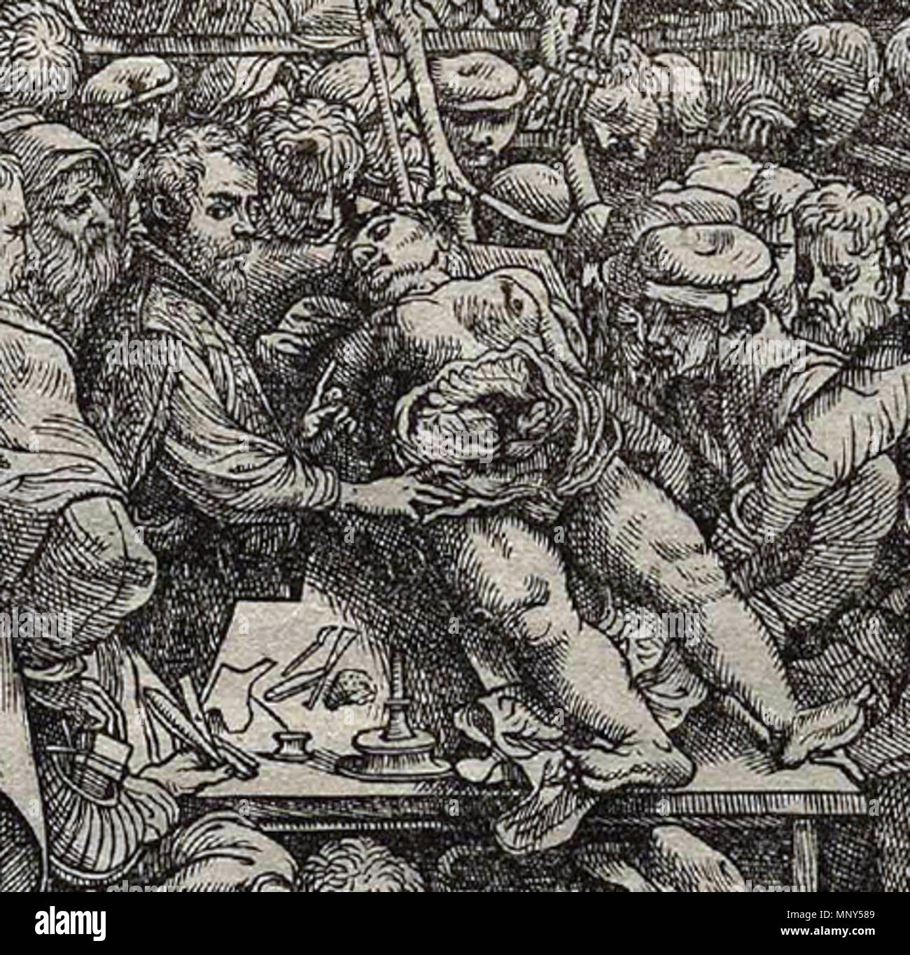 . Detail der frontisepiece von VESALIUS "De Humani Corporis Fabrica (1543), übersicht Vesalius und die Leiche. 1543. 1231 Vesalius Fabrica fronticepiece Detail Stockfoto