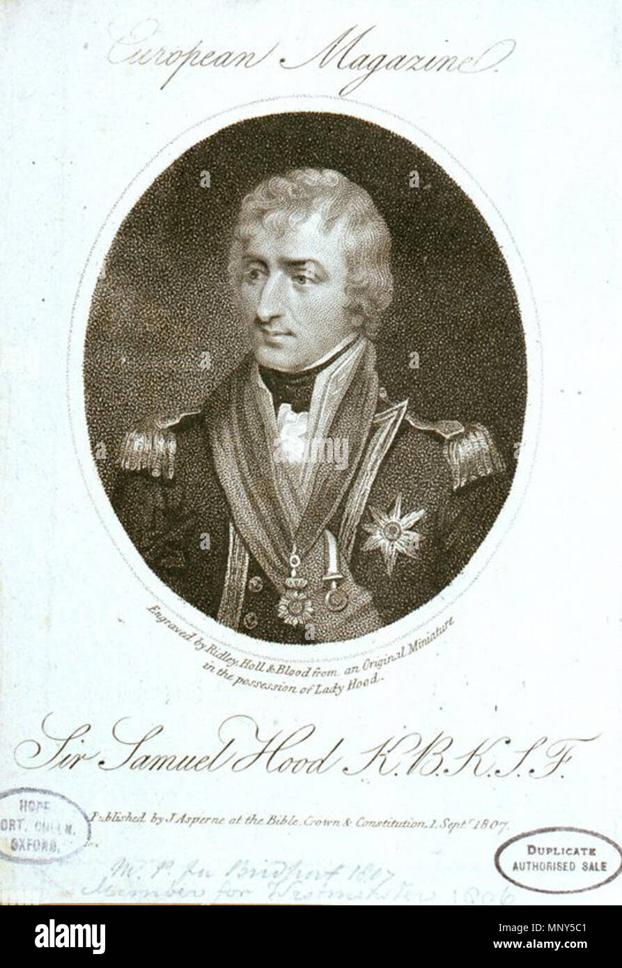 . Englisch: Vizeadmiral Sir Samuel Hood, 1st Baronet KCB RN. 1. September 1807. Diese Datei fehlt, Informationen zum Autor. 1232 Vizeadmiral Sir Samuel Hood 1st Baronet Stockfoto
