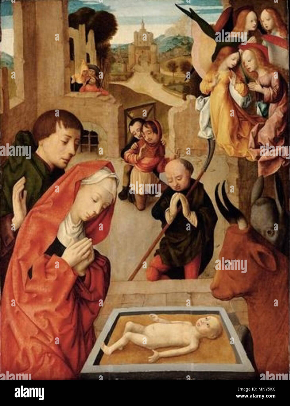 Englisch: Geburt Christi, circa 1500. 1233 Wien Anbetung - Meister der Virgo inter Virgines Stockfoto
