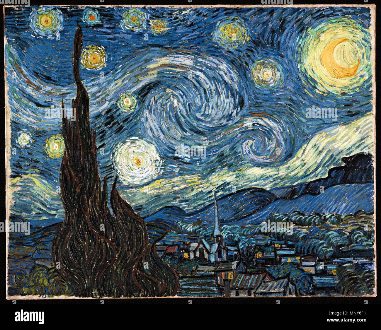 . Vincent van Gogh Malerei sternenklare Nacht. Alle aus der Datei unten und minimal angepasst, einige über-Intensität zu beseitigen und die vergilbung und versuchen, die wahre Natur der Farben zu bringen ie Prussian Blue, Ultramarin, Kobalt und Cerulean blues kommen in den Himmel. Gebrannte Siena Braun in den Baum, und Crimson auf die gestreifte Haus. Diese Farben werden im Auto verloren - digitale Korrekturen 1238 Vincent van Gogh Starry Night Stockfoto