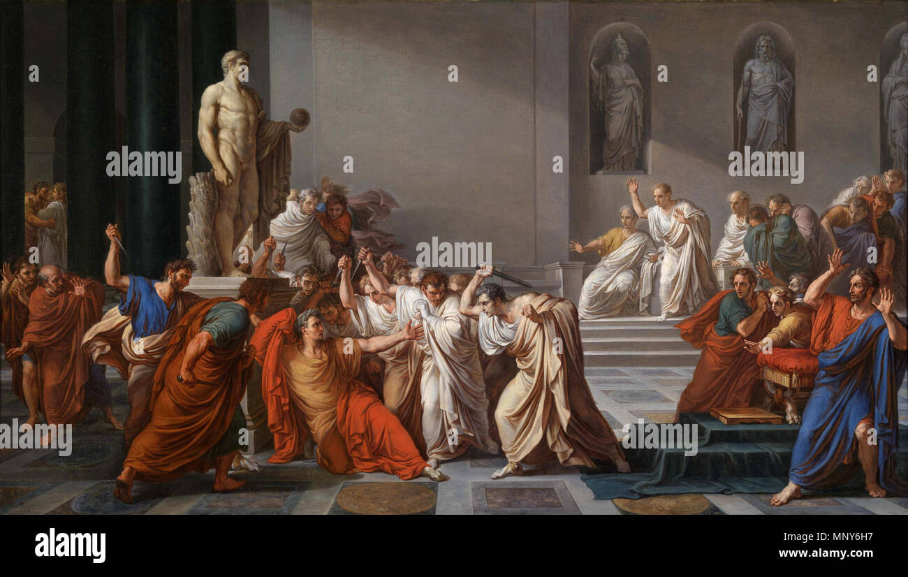 Die Ermordung von Julius Caesar. Eine grössere Version dieses Bildes wird beschrieben durch: Deutsch: Italiano: http://cir.campania.beniculturali.it/museodicapodimonte/itinerari-tematici/galleria-di-immagini/OA900486 http://www.teeuwisse.de/catalogs/selected-drawings-ii/the-assassination-of-julius-caesar.html Français: La Mort de César par Vincenzo Camuccini. . Zwischen 1804 und 1805. 1238 Vincenzo Camuccini - La Morte Di Cesare Stockfoto