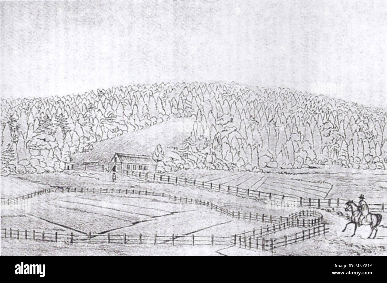 . Skizze des Chernykh Ranch von I. G. Voznesenskii, 1841. Nur bekannte Ansicht eines russischen Farm in Kalifornien. 1841. I. G. Voznesenskii 1245 Voznesenskii - Skizze des Chernykh Ranch (1841) Stockfoto
