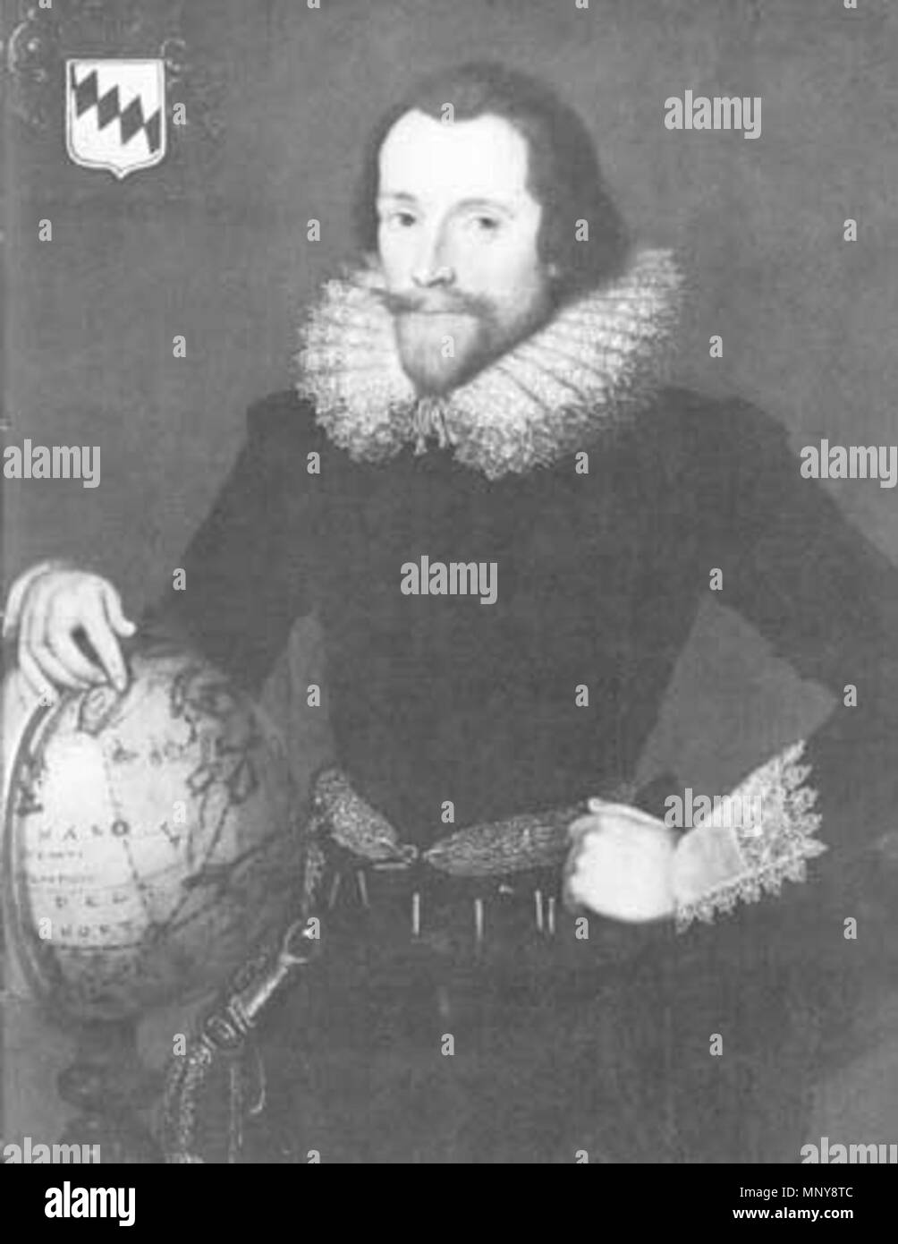 Portrait von Sir Walter Raleigh. Englisch: Porträt der englischen Schriftsteller, Dichter, höfling und Entdecker Sir Walter Raleigh (C. 1552 - 29. Oktober 1618). Raleigh Punkte in der arktischen Region eines Globus, ein Hinweis auf die vielen Arktis reisen durch das Englisch auf der Suche nach einer Nordwestpassage in den Orient gemacht, und das Privileg gewährt, in der Elizabeth I. zu Raleigh Nordwesten Entdeckungen zu machen und das Land in Nordamerika nutzen. . 16. oder 17. Jahrhundert. 1250 Walter Raleigh-Federico Zuccaro -16-17 C Stockfoto Portrait von Sir Walter Raleigh. Englisch: Porträt der englischen Schriftsteller, Dichter, höfling und Entdecker Sir Walter Raleigh (C. 1552 - 29. Oktober 1618). Raleigh Punkte in der arktischen Region eines Globus, ein Hinweis auf die vielen Arktis reisen durch das Englisch auf der Suche nach einer Nordwestpassage in den Orient gemacht, und das Privileg gewährt, in der Elizabeth I. zu Raleigh Nordwesten Entdeckungen zu machen und das Land in Nordamerika nutzen. . 16. oder 17. Jahrhundert. 1250 Walter Raleigh-Federico Zuccaro -16-17 C Stockfoto
