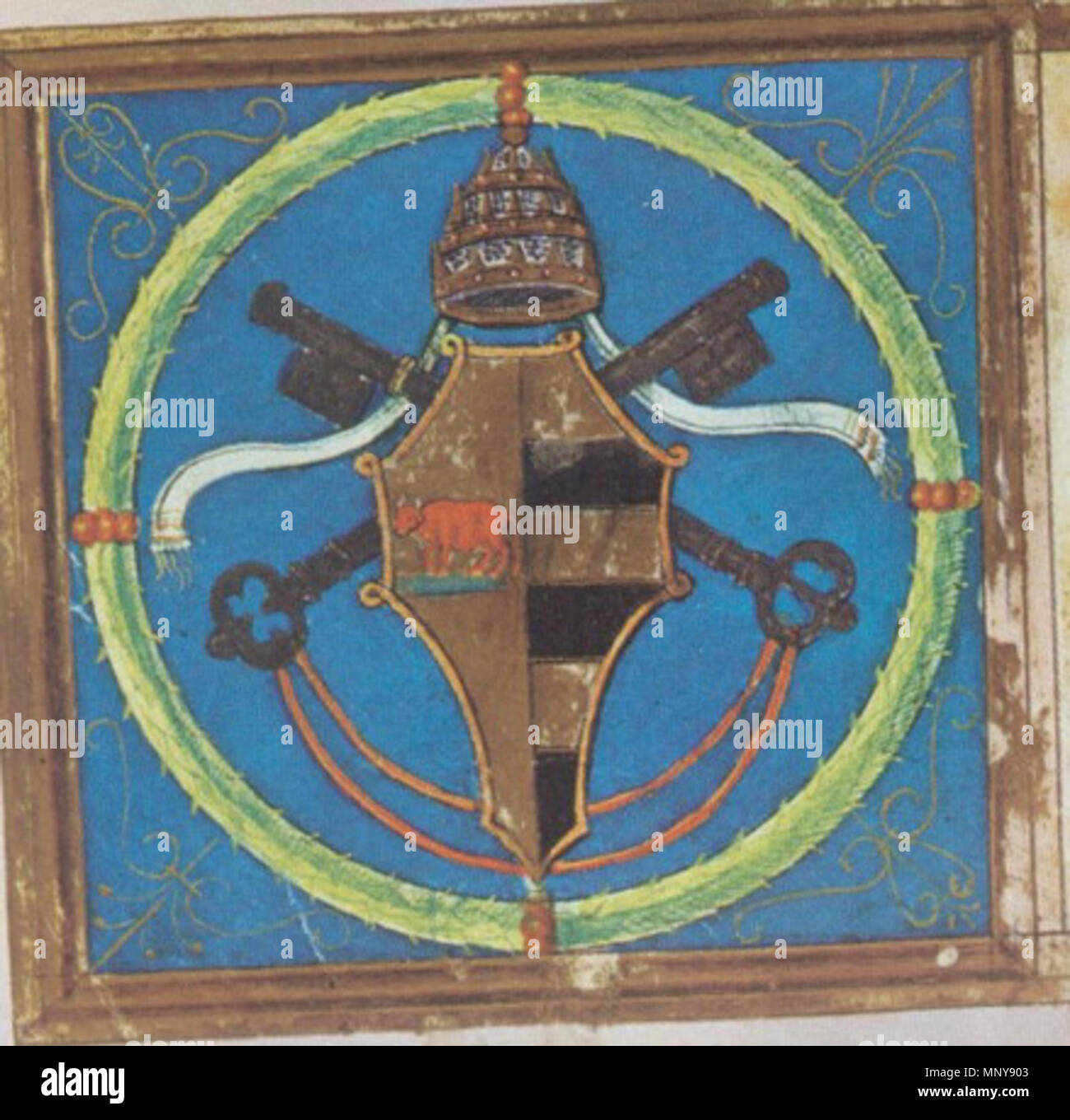 Wappen und Bildnis Alexanders VI. im Borg. lat. 425, fol. 8 Weihnachtsmesse 1250 Wappen des Papste Alexander VI. Stockfoto