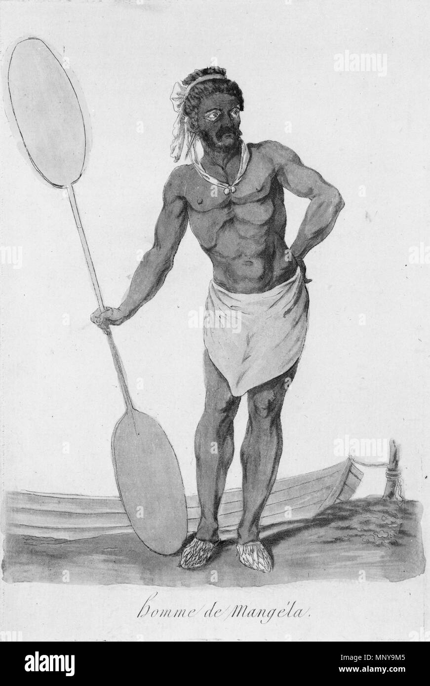 . Englisch: Porträt eines Mannes von Mangaia, Cook Islands, halten ein Paddel in seiner rechten Hand. Français: Homme de Mangela. [Paris, 1796]. Grasset de Saint-Sauveur, Jacques. 'Encyclopedie de Voyages contenant l'abrege Historique des moeurs, usages et commerce de Tour les peuples", Band 3, Amerique. ca. 1784. John Webber (1751 - 1793) Alternative Namen Johann Wãber; Johann Wäber; R.A. Webber; Weeber; Webber; R. A. Webber Beschreibung Englisch Explorer und Maler Geburtsdatum / Tod vom 6. Oktober 1751 vom 29. Mai 1793 Ort der Geburt / Todes London London Authority control: Q 323505 VI. Stockfoto