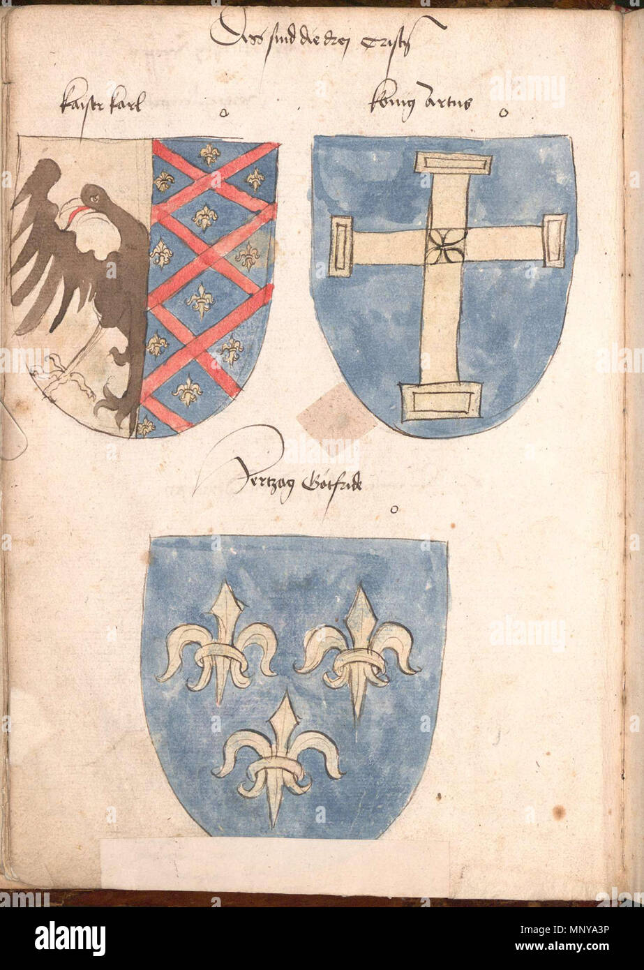 . English: "wernigeroder (Schaffhausensches) Wappenbuch"; Süddeutschland 4. Viertel 15. Jh. Bayerische Staatsbibliothek München, Cod.icon. 308 n Wappen ideeller Vorfahren und Wappen höchster weltlicher und geistlicher Würdenträger sterben drei Taufen: Kaiser Karl (der Große), König Arthur, Herzog Gottfried von Bouillon () Englisch: zugeschrieben arme Karls des Großen, König Arthur, und Gottfried von Bouillon, drei der "Nine Worthies'. ca. 1475 - 1500. Anonyme 1255 Wernigeroder Wappenbuch 018 Stockfoto