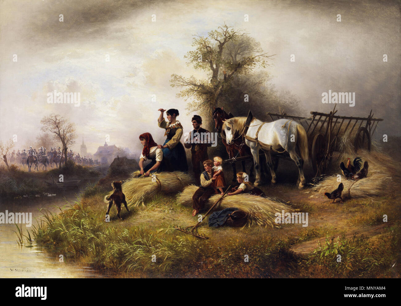 . Bauernfamilie bei der Kornernte beobachtet einen Zug der Ichter. Öl auf Leinwand, 68 x 97 cm. durch 1882. Wilhelm Alexander Meyerheim (1815 - 1882) 1258 Wilhelm Alexander Meyerheim Bauernfamilie bei der Kornernte und Ichter Stockfoto