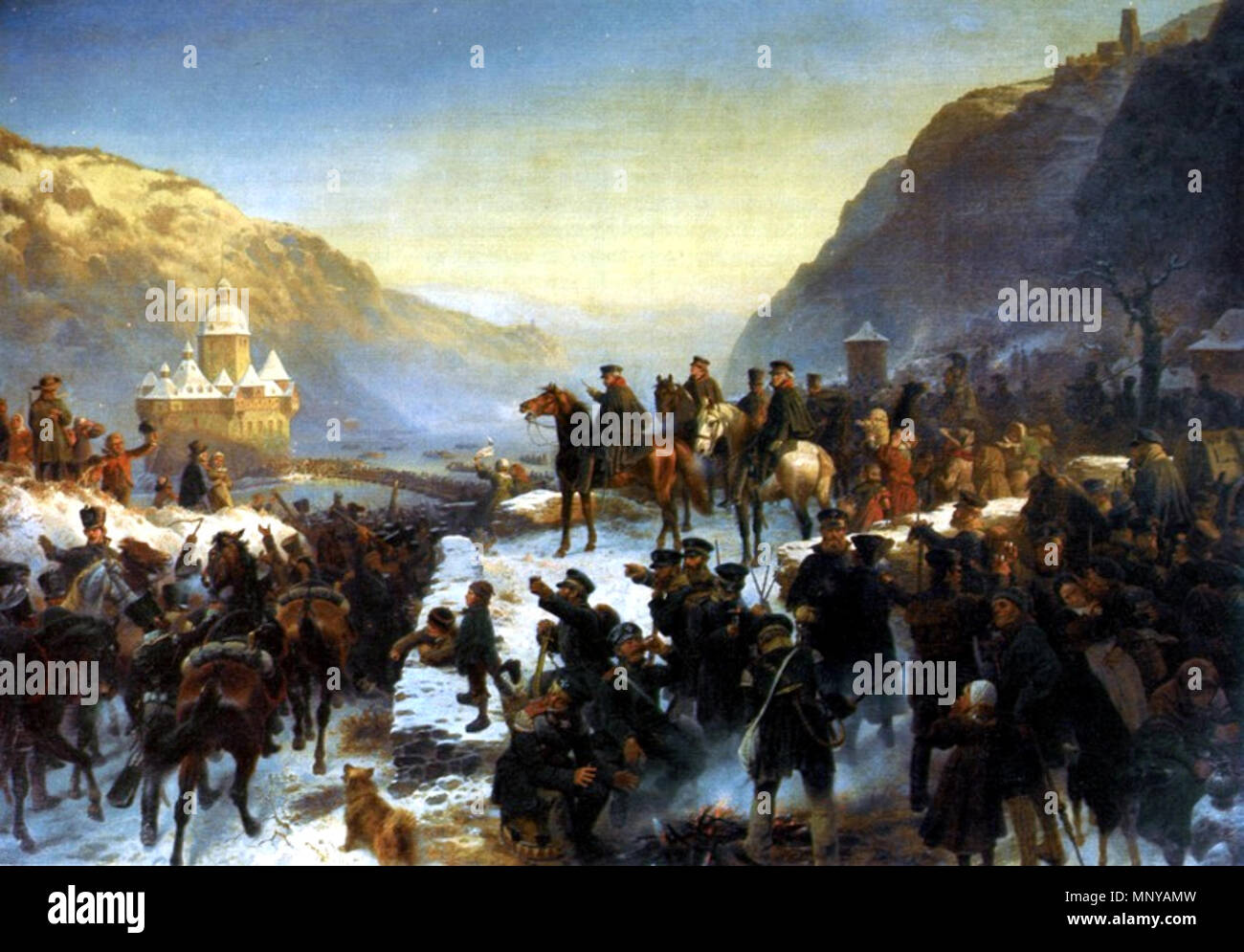 English: Blüchers Rheinübergang bei Kaub. . Wilhelm Camphausen: Blüchers Heer setzt in der Silvesternacht Jahre 1813/14 über den Rhein bei Kaub 1258 Wilhelm Camphausen - Bluechers Rheinuebergang bei Kaub Stockfoto