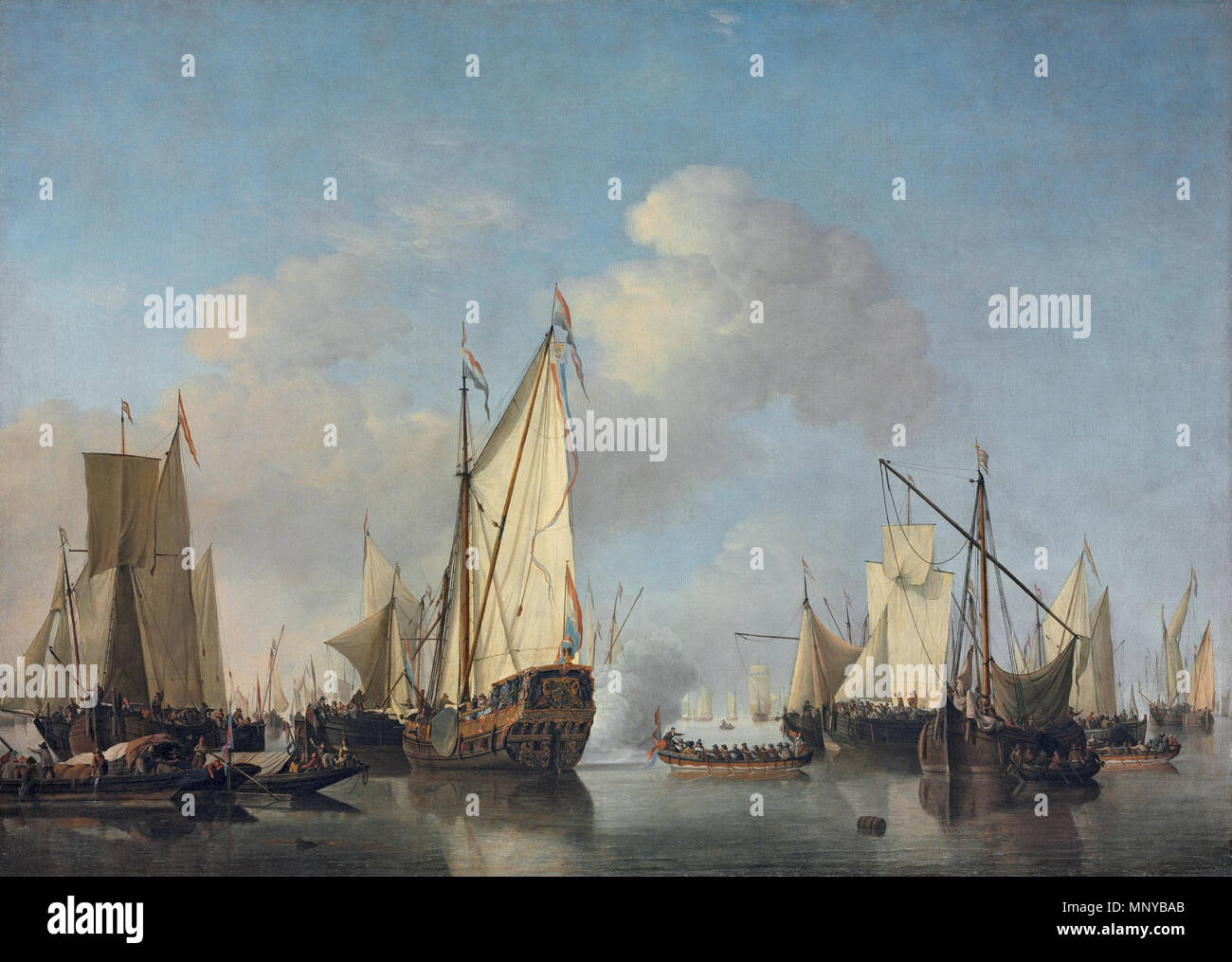 Englisch: A Yacht und andere Schiffe in einem sehr hellen Luft Nederlands: Een Staten Yacht en andere schepen Sterben in een Zeer zwak Datum unbekannt. 1261 Willem van de Velde de Jonge - Een Staten Yacht en andere schepen Sterben in een zeer Zwak Stockfoto