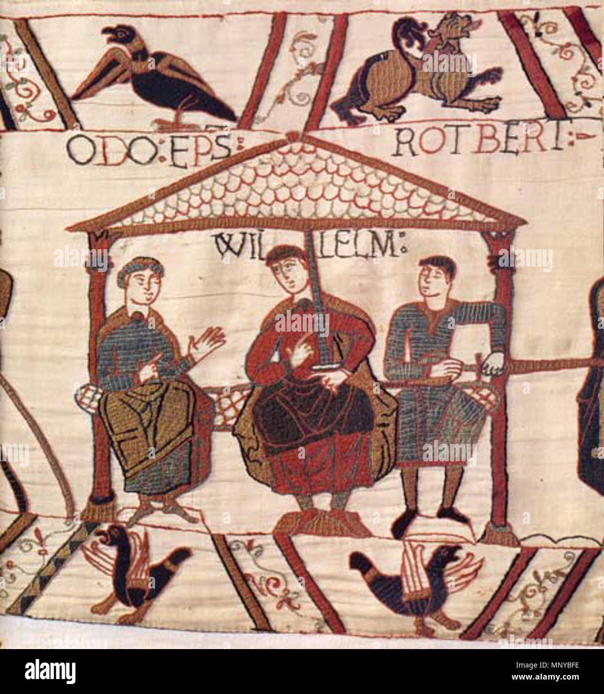 Englisch: Wilhelm der Eroberer, Wandteppich von Bayeux. English: ilhelm der  Eroberer im Teppich von Bayeux, links und rechts der seine Halbbrüder Odo  von Bayeux und Robert. Wandteppiche aus dem 12. Jahrhundert.