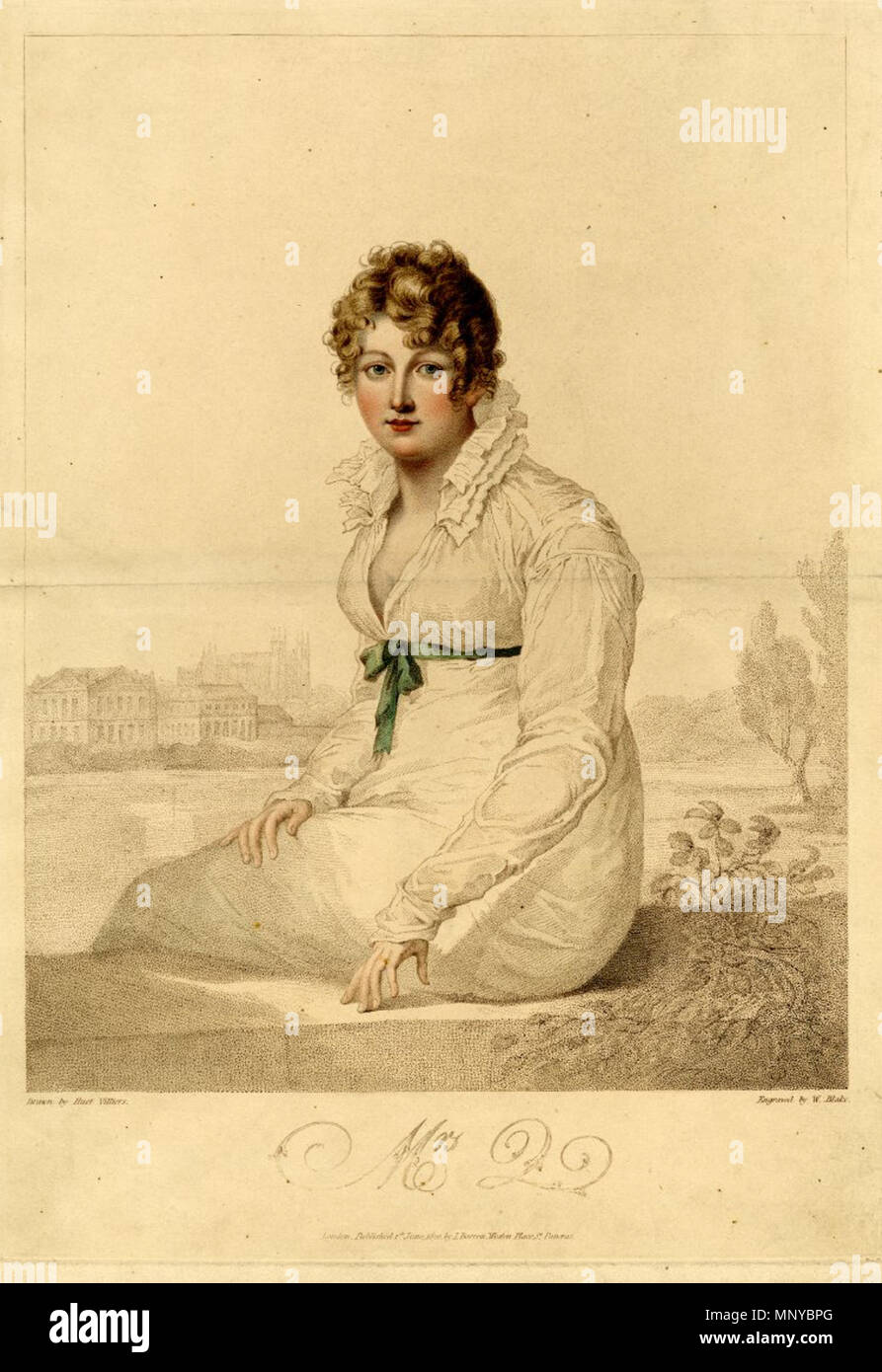 . Englisch: William Blake: Frau Q. (Mrs. Harriet Quentin) 1820 Gravur ibased auf ein Porträt von Francois Huet Villiers das British Museum mit Blake's Name in der Platte. Ref: ESSICK XLII II/II S 356 x 259 mm; P 351 x 250 mm, 295 x 230 mm Walze auf Stich von William Blake, mit Radierung und schabkunst-in Farben gedruckt und von Hand gefärbt. Frau Q ist wohl der bekannteste dekorative Druck von William Blake, vor allem aufgrund der großen Anzahl von faksimile Reproduktion Eindrücke, die dieses Bild in 1806 gedruckt wurden, ausgeführt. William Blake Gravur ist auf ein Porträt von Francoi basierend Stockfoto