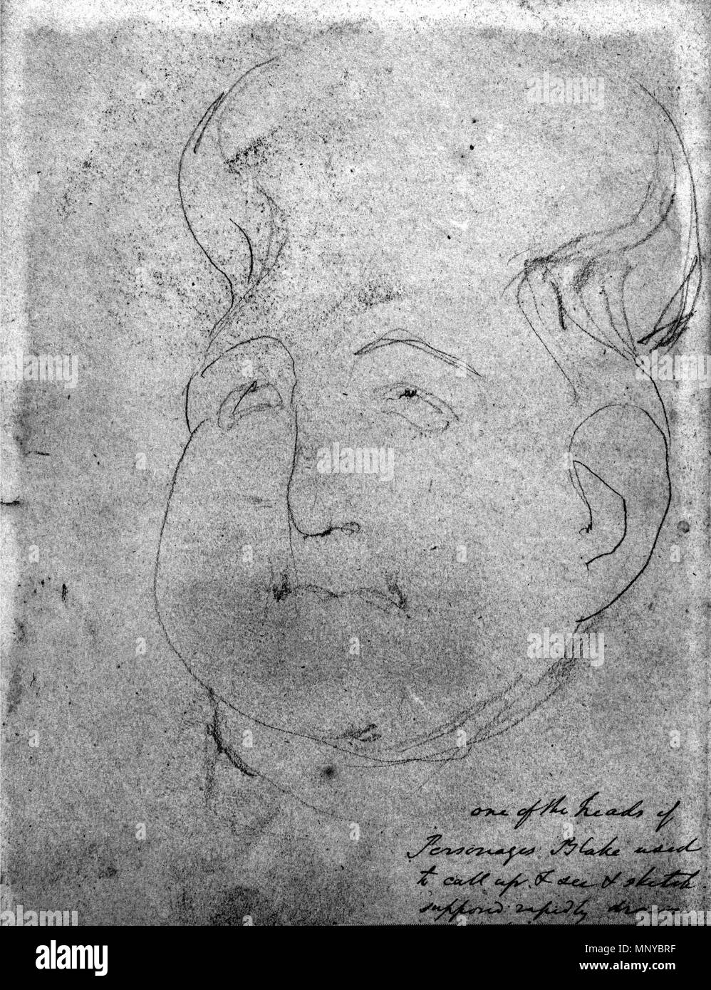. Englisch: William Blake visionären Kopf - Butlin 759 William Blake, 1757-1827, britischen Titel einer visionären Kopf alternative Titel Verso: Skizze eines Denkmals Datum 1819 bis 1820 Mittlere Graphit auf Medium, mäßig strukturiertem, Creme webte Papier Abmessungen Blatt: 7 1/2 x 5 5/8 Inch (19,1 x 14,3 cm) Inschrift (s) / Marken / Schriftzug eingeschrieben in brauner Tinte, unten links: "Blakes schreiben auf der Rückseite -"; in brauner Tinte, unten Mitte: 'Drawn von William Blake -'; in brauner Tinte, unten rechts: "Einer der Köpfe von Persönlichkeiten Blake zum Aufruf & sehen & Skizze. Sollte schnell von seiner Vision gezeichnet. Friedrich Tath Stockfoto