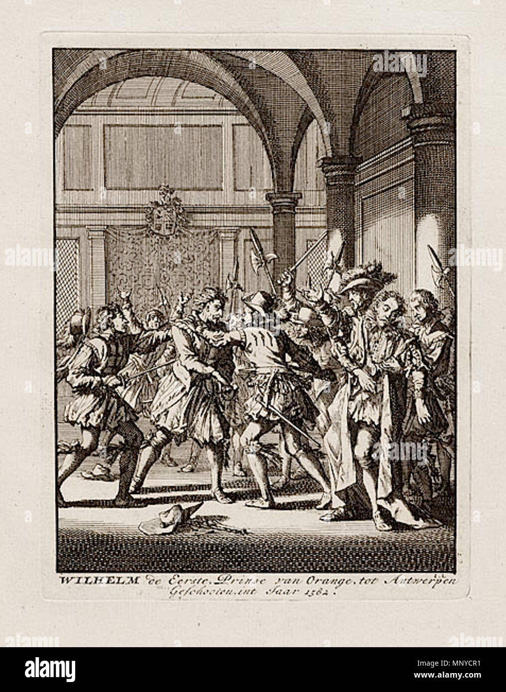 . Englisch: Wilhelm de Eerste, Prinse van Orange, tot Antwerpen geschooten int Jaar 1582, Radierung von Jan Luyken. 1698. Jan Luyken 1267 William die Stille ersten Mordversuch 1582 Stockfoto