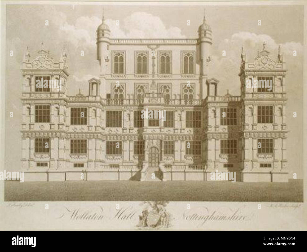 . Englisch: wollaton Hall im späten 18. Jahrhundert. 18. 1272 Wollaton Hall Ende des 18. Jahrhunderts Drucken von M eine Rooker nach einer Zeichnung von Thomas Schränke Stockfoto