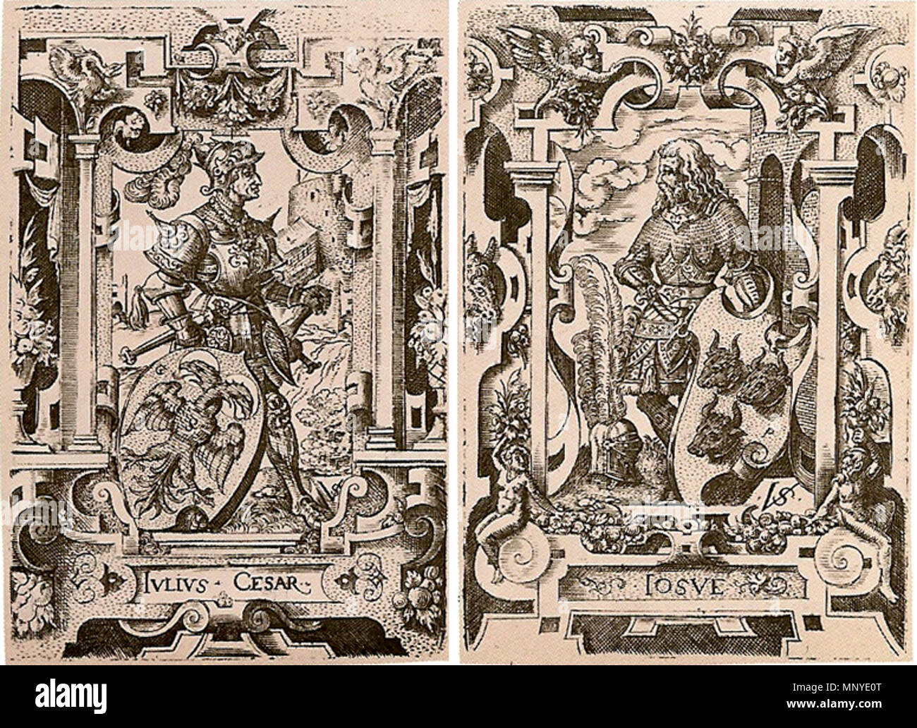 . Gravuren von Julius Caesar und Josua, als eine Serie von neun Glaubenshelden. ca. 1550. Virgil Solis (1514 - 1562) Alternative Namen Solis, Virgil Beschreibung Deutsche Maler und Graveur Geburtsdatum / Tod 1514 1. August 1562 Ort der Geburt / Todes Nürnberg Nürnberg Standort Nürnberg Authority control: Q 563366 VIAF: 17337630 ISNI: 0000 0001 2122 4677 ULAN: 500007753 81017860 LCCN: n GND: 118615300 WorldCat 1274 Worthies-Caesarand Joshua Stockfoto