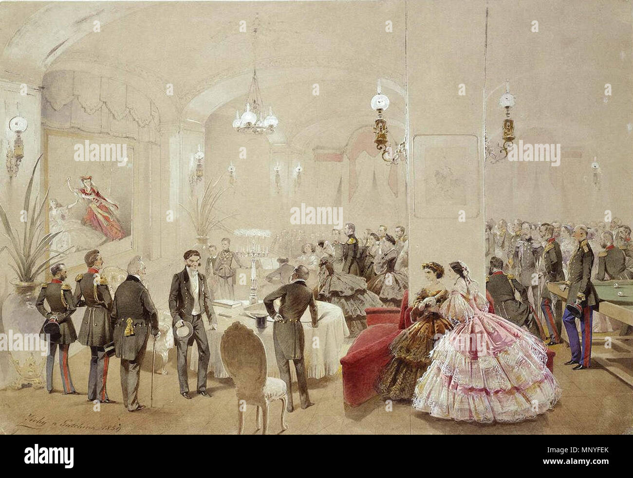 Englisch: Alexander II. mit den Höflingen im Arsenal Halle des Gatchina Palast Русский: Александр II с придворными в Арсенальном зале Гатчинского дворца. Русский: Александр II с придворными в Арсенальном зале Большого Гатчинского дворца Александр II с придворными в Арсенальном зале Гатчинского дворца. 1859 Внизу слева подпись и Дата: Zichy ein gatschina 1859; акварель Серая бумага, гуашь, местами белила, следы карандаша. 350 х 515 Инв. №ОР -40888 Литература: Алешина 1975, с. 199; Константин Николаевич 1994, с. 201 Внизу надписи на монтировке (авторские?): 24-го Октября 1859 и перечень участ Stockfoto