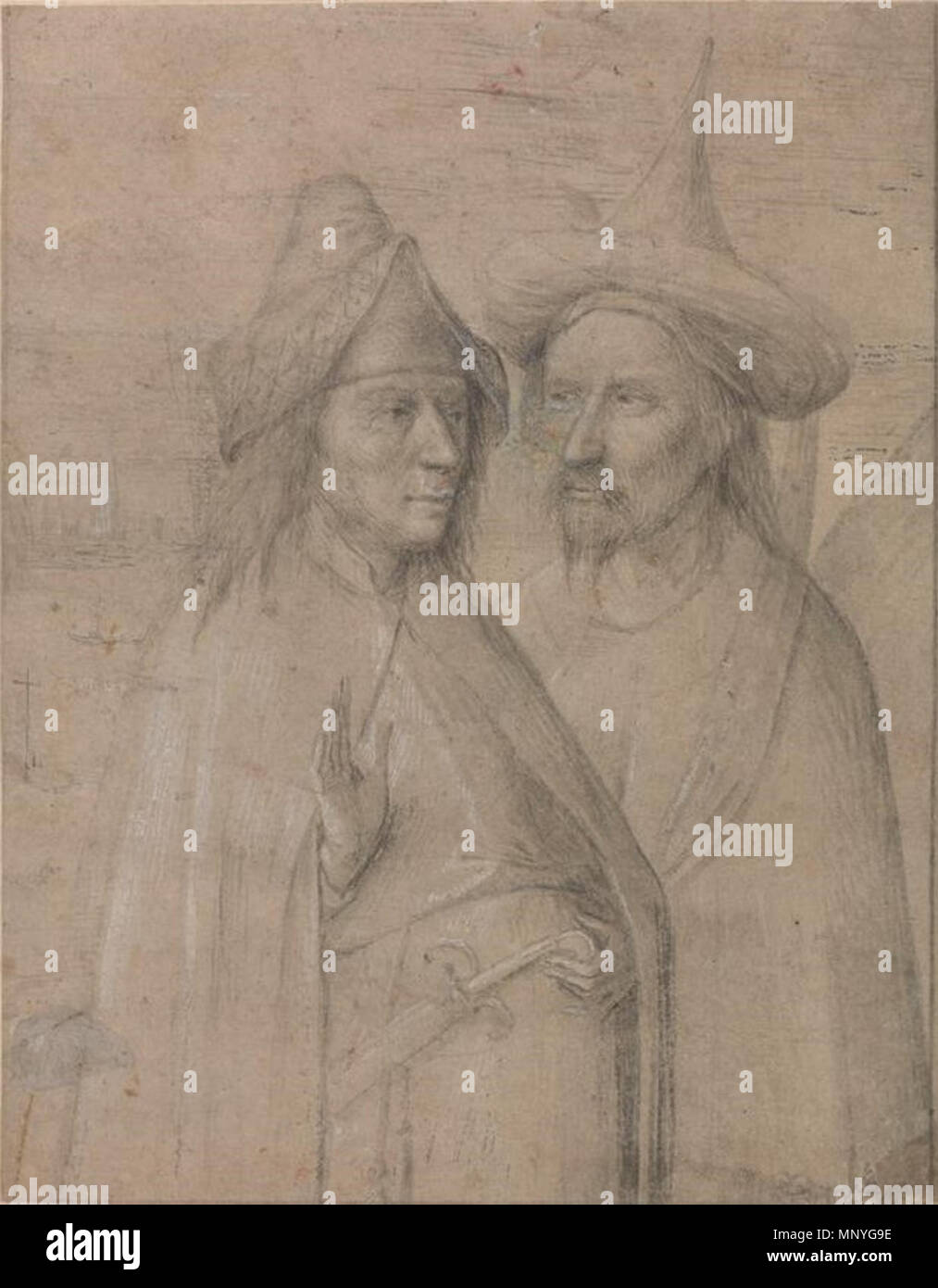 Zwei Orientalen in einer Landschaft. Français: Dessin attribué à Jérôme Bosch ou à son Atelier. . Ca. 1500. 1285 Zwei Orientalen vor einer Landschaft (KdZ 5210) Stockfoto