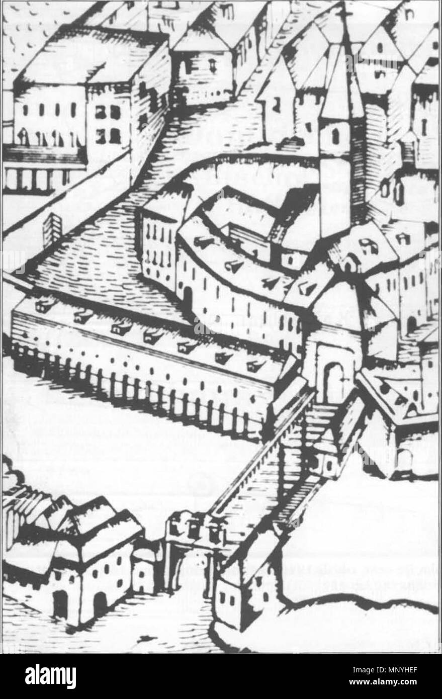 1291 Špitalski kompleks z mesnicami in Špitalskim mostom 1660 Stockfoto