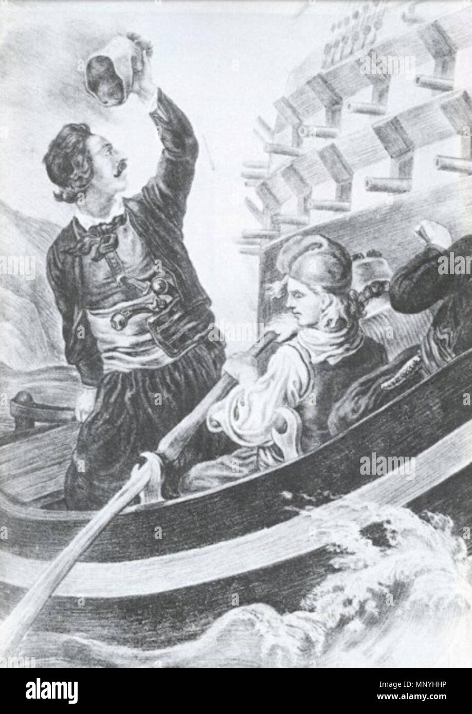 1292 Ο Ιάκωβος Τομπάζης πυρπολεί το πρώτο τουρκικό δίκροτο. Λιθογραφία. Peter von Hess. Stockfoto