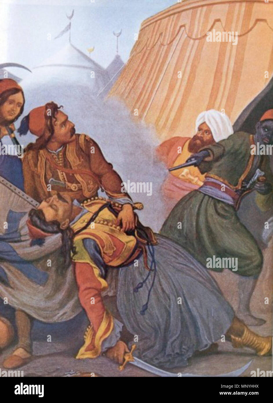 1292 Ο Μπότσαρης αποθνήσκει στο καρπενήσι. Εγχρωμη λιθογραφία. Peter von Hess. Stockfoto