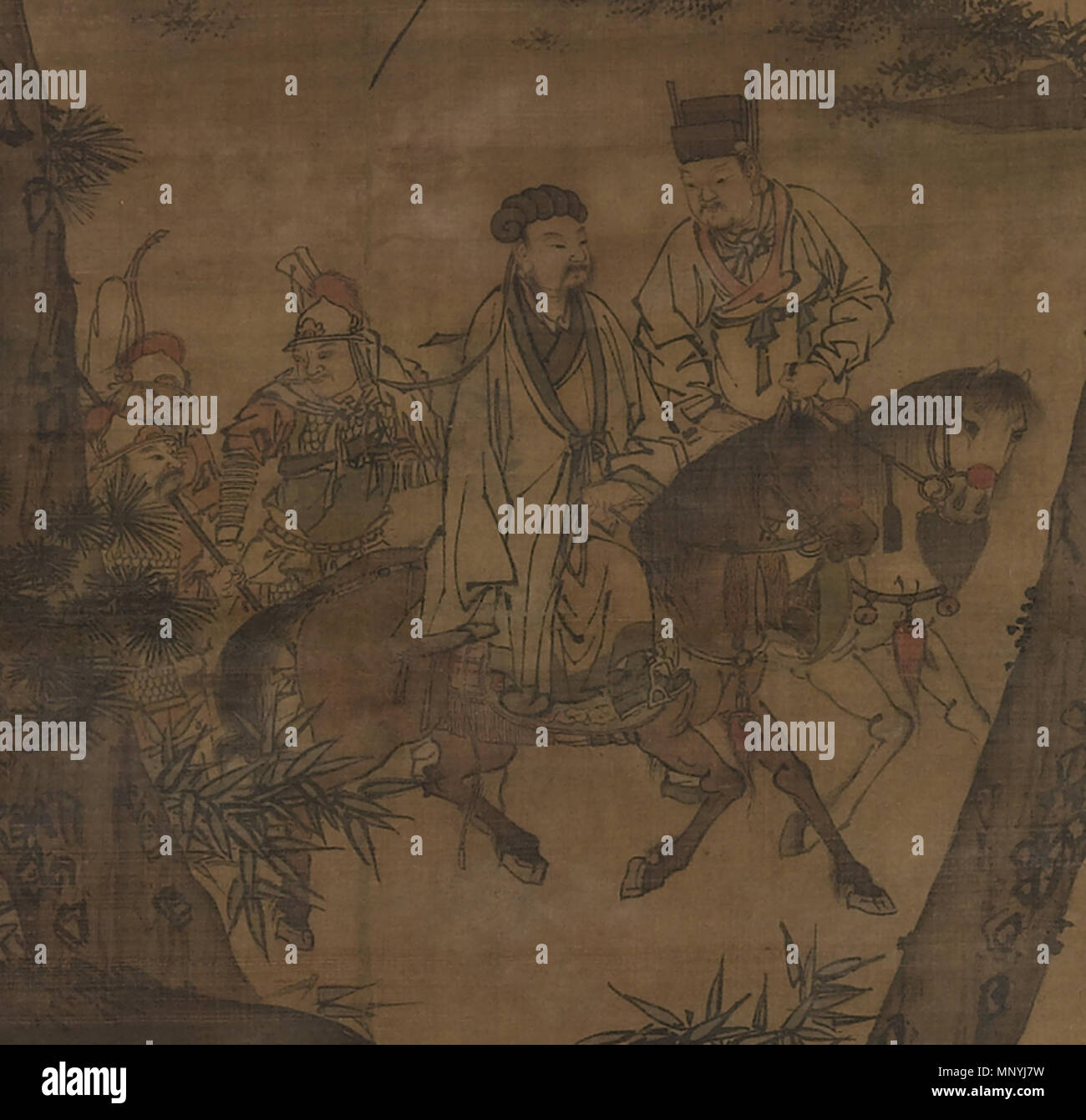 Kongming die Berge verlassen. "Der Name Kongming im Titel dieser Malerei bezieht sich auf eine der größten militärischen Strategen in der chinesischen Geschichte, Zhuge Liang. Auch als Staatsmann, Diplomat und Schriftsteller bekannt, Zhuge Liang lebte im frühen 3. Jahrhundert, wenn China unter rivalisierenden Fürsten geteilt wurde. Obwohl Zhuge Liang in den Bergen aufgehalten, das Leben als Landwirt, er auch die okkulten Künste des Daoismus praktiziert und hielt sich auch über die politische Situation in seinem Land informieren. Die Geschichte geht, dass einer der rivalisierenden Kriegsherren des EFR, Liu Bei, die seine Dienstleistungen zu engagieren, v Stockfoto Kongming die Berge verlassen. "Der Name Kongming im Titel dieser Malerei bezieht sich auf eine der größten militärischen Strategen in der chinesischen Geschichte, Zhuge Liang. Auch als Staatsmann, Diplomat und Schriftsteller bekannt, Zhuge Liang lebte im frühen 3. Jahrhundert, wenn China unter rivalisierenden Fürsten geteilt wurde. Obwohl Zhuge Liang in den Bergen aufgehalten, das Leben als Landwirt, er auch die okkulten Künste des Daoismus praktiziert und hielt sich auch über die politische Situation in seinem Land informieren. Die Geschichte geht, dass einer der rivalisierenden Kriegsherren des EFR, Liu Bei, die seine Dienstleistungen zu engagieren, v Stockfoto