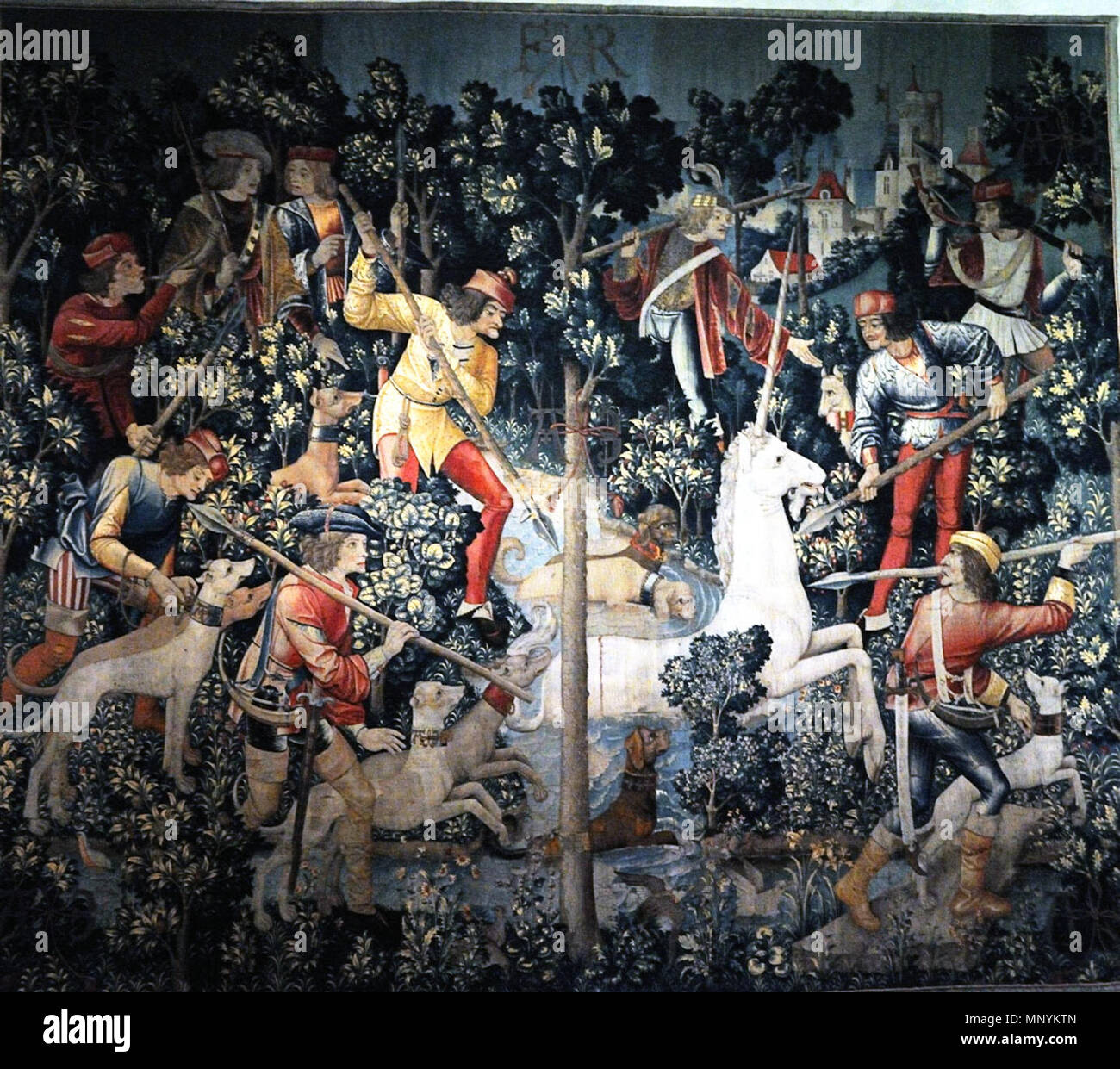 Deutsch: Das Einhorn ist angegriffen, einer der Serie von sieben Wandteppiche die Jagd auf das Einhorn zwischen ca. 1495 und ca. 1505. 1213 Einhorn 3 Stockfoto