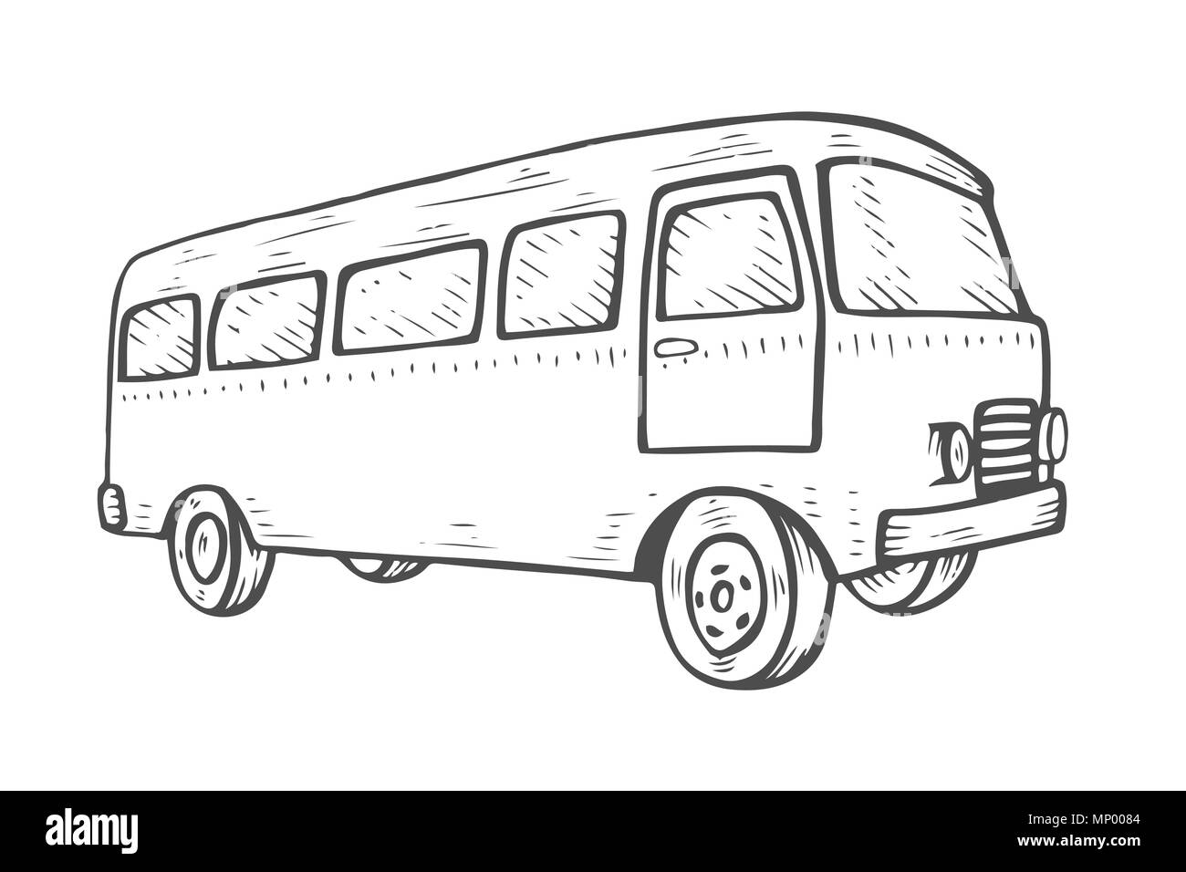 Gravur Retro travel van Symbol. Vintage Travel Car. Alte klassische Camper minivan. Retro Hippie Bus. Vector Illustration im flachen Design auf Pfingstmontag isoliert Stock Vektor