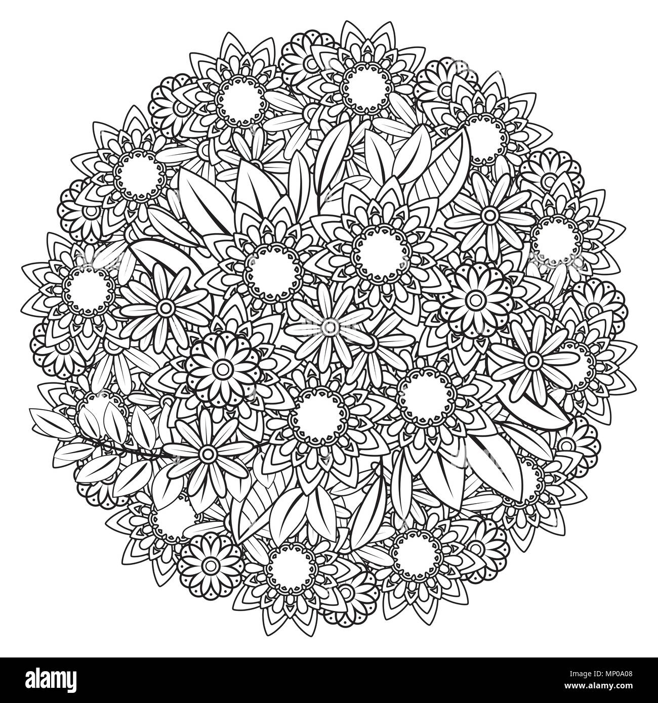 Nach Färbung mit Blumen Muster. Schwarze und weiße doodle Kranz. Florale Mandala. Blumenstrauß line Art Vector Illustration auf weißem Hintergrund. Rundes Design Element Stock Vektor