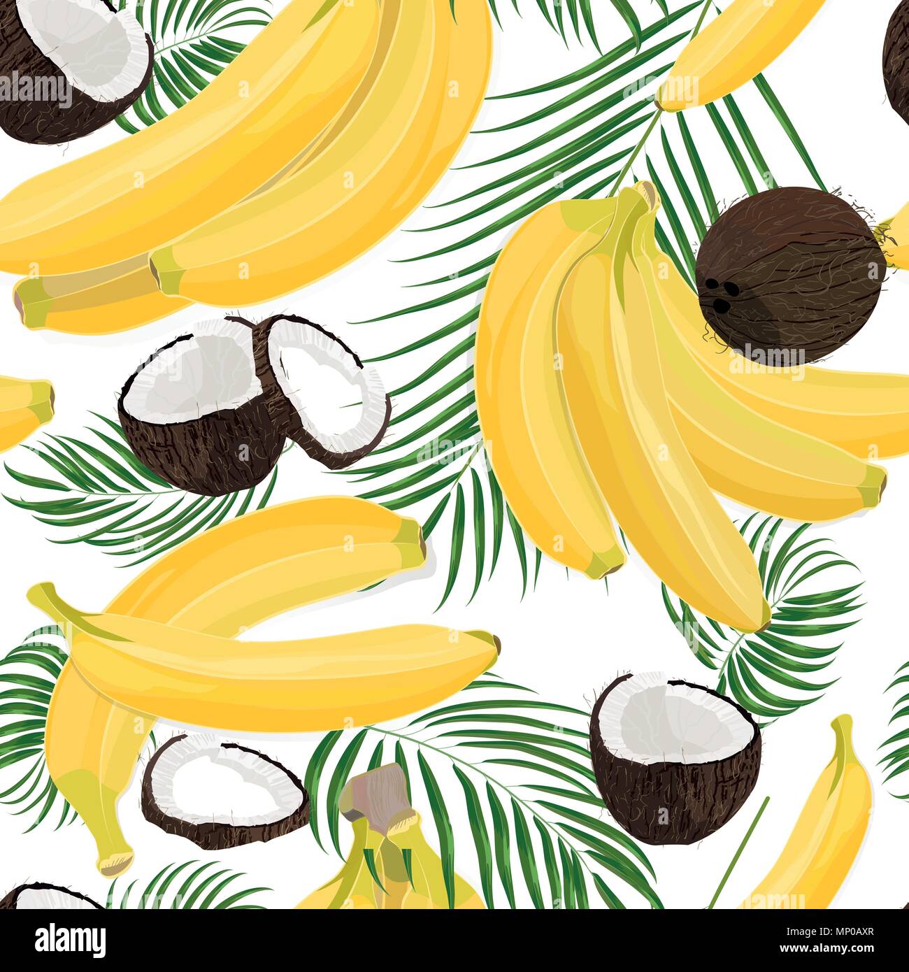 Banane, Kokosnuss, ganze Stücke mit Palmblättern auf weißem Hintergrund. Bunte botanischen vector Abbildung. Vintage tropic Design Stock Vektor