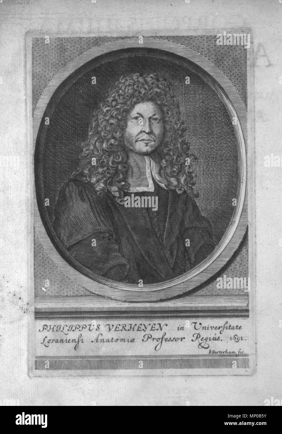 . Français: Tiefdruck à l'eau-forte montrant un Portrait de Philip Verheyen professeur d'anatomie à l'Université de Louvain, 1691, Face à la page de titre de Corporis humani anatomia de Philip Verheyen. 1691. Berterham981 Philip Verheyen Stockfoto