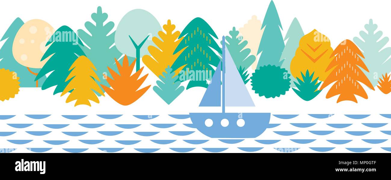 Flache cartoon Landschaft mit Wald, Wasser und Segelboot, auf weißem Hintergrund mit Platz für Ihren Text isoliert-Vektor Stock Vektor