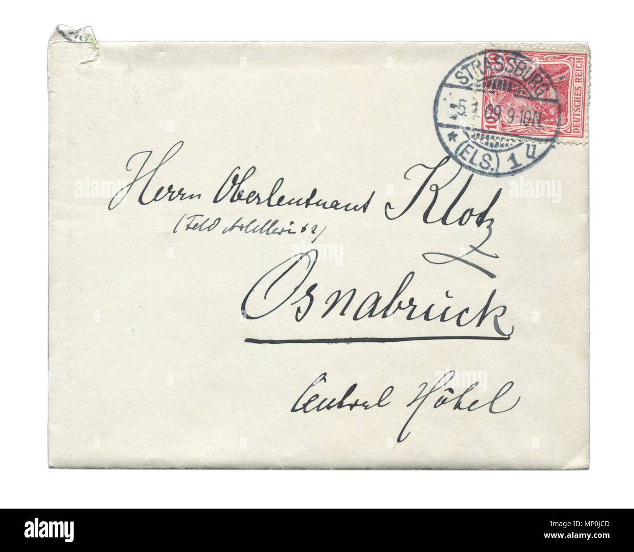 Alte Deutsche Post Umschlag mit roten Stempel, Stempel, mit Tinte Inschrift. Straßburg, das Kaiserliche Gebiet von Elsaß-Lothringen, Deutsches Reich, 1909 Stockfoto